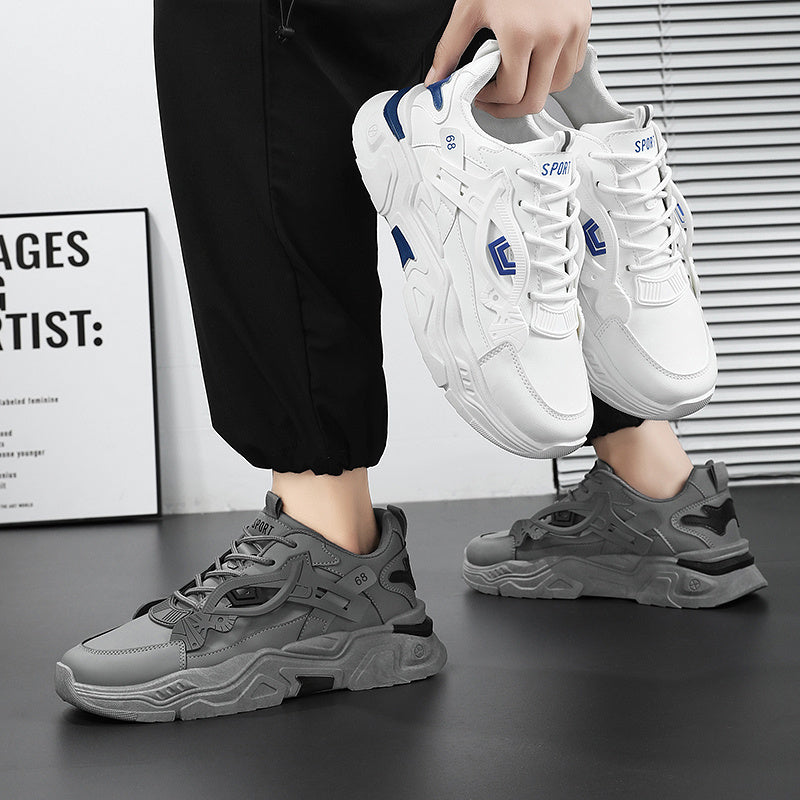Men's White Blue Geometric Accent Casual Sneakers - Low-Top Lace-Up Breathable PU Upper, Cushioned EVA Insole Durable Rubber Sole for All-Season Casual Attire, Shoes Sneakers, Allseason Footwear, Sleek Shoe Design, Fabric