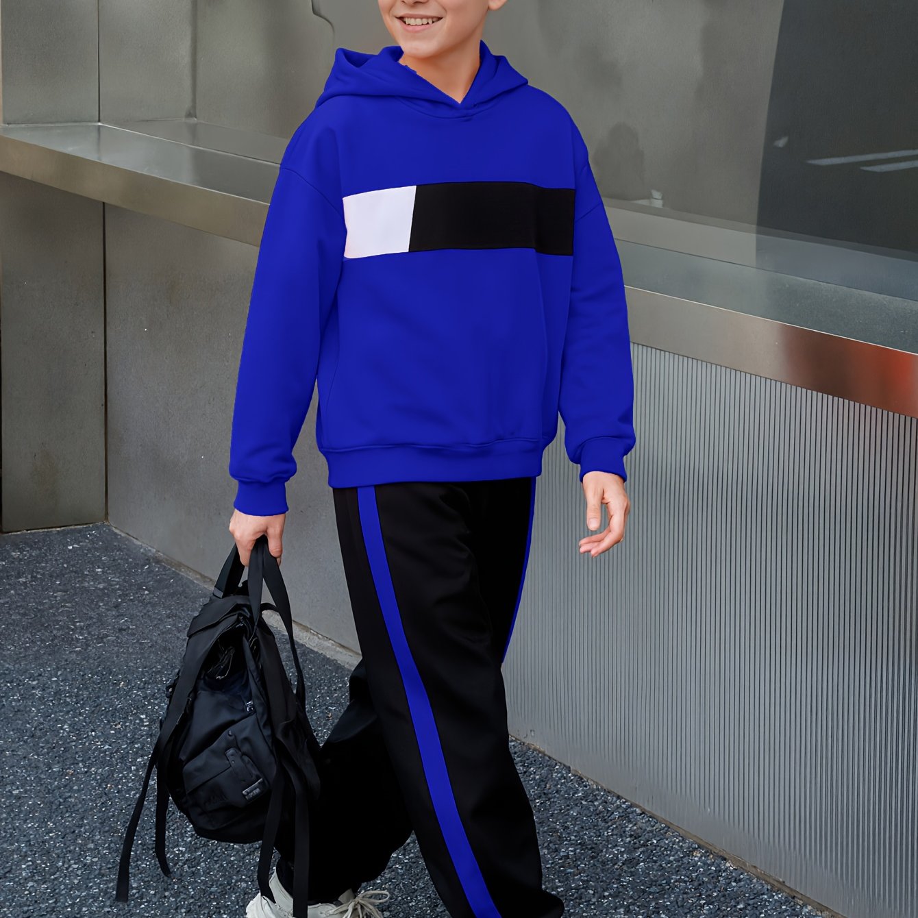 2pcs Boys' Winter Hooded Sweatsuit & Pants - Warm Sweater Outfit with Matching Long Pants, Colorblock Hoodie (Suitable for & Big Kids) - Machine Washable 2pcs set, Perfect for Outdoor