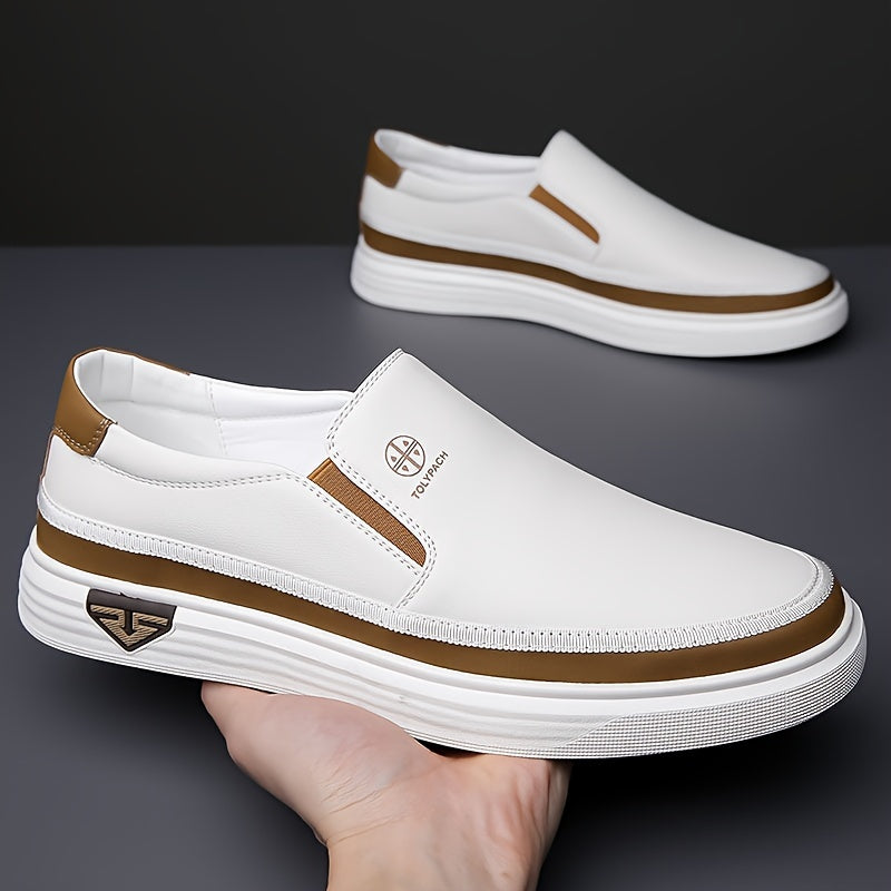 Men's Stylish Slip-On Loafers - Soft Upper, Non-Slip Rubber Sole, White with Brown & Golden Accents, Comfortable for Everyday Casual Wear, Vacation Shoes | Decorative Stitching | Synthetic Shoes, Dressy Shoes