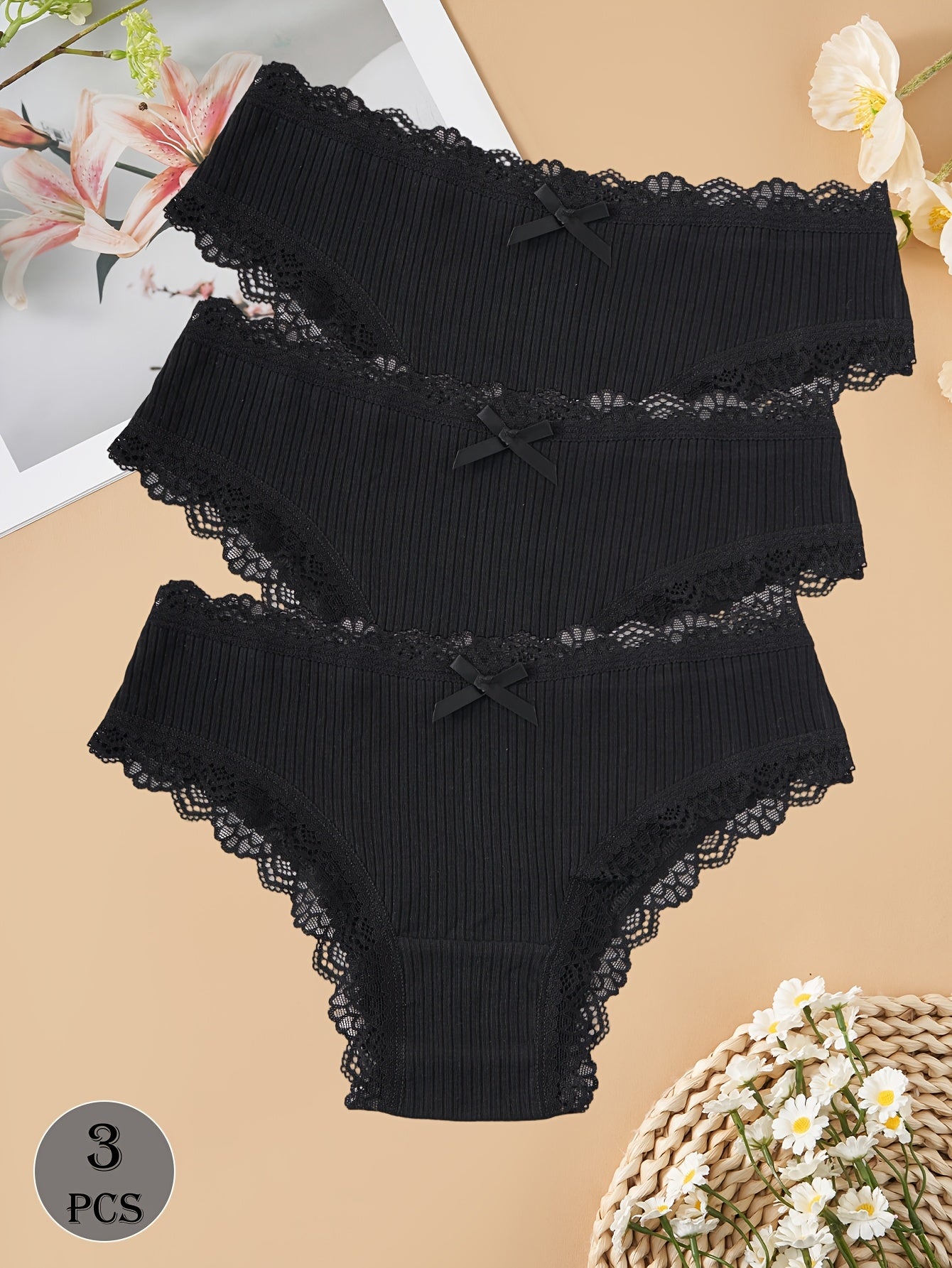 3-Pack Dark Cotton Women's Briefs with Lace Trim and Bow