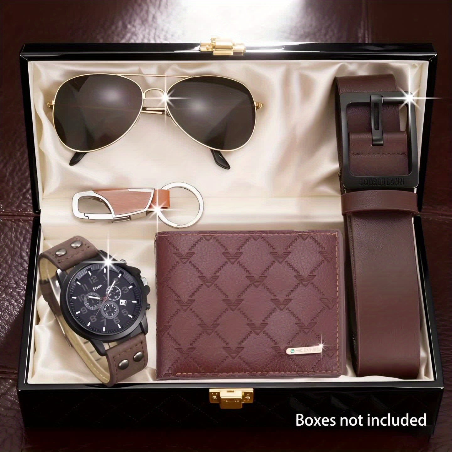 A Set of 5pcs Including a Classic And Easy Casual Wallet for Men, a Deep Brown Large Dial Quartz Watch, Glasses, a Keychain, And a Belt - The Perfect Gift for Loved Ones for Christmas, Valentine'S Day, New Year, And Halloween