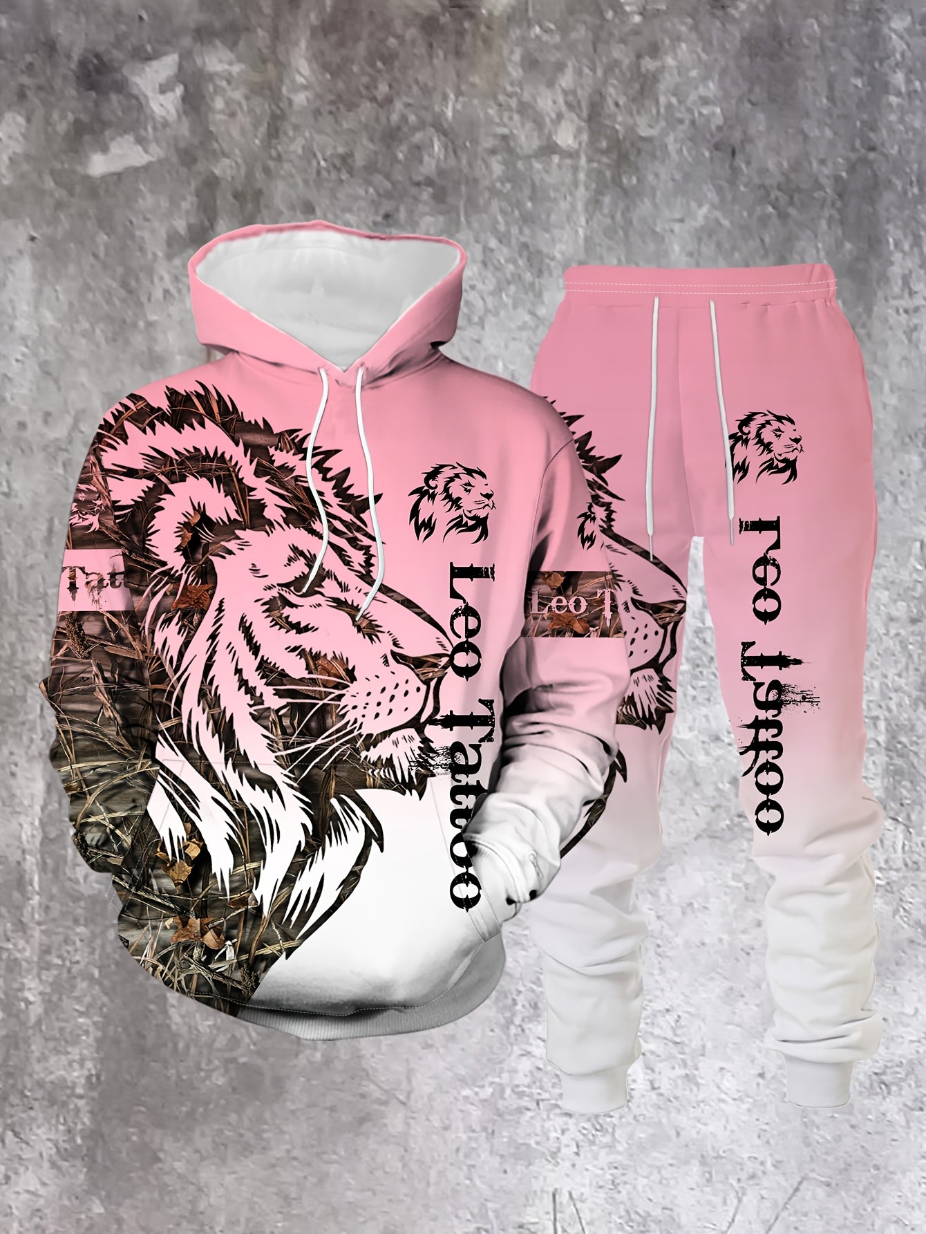 1set Fashion Street Style Men'S Lion Letter Print Hoodie and Sweatpants Set, Casual Weekend Wear, Polyester Knit Fabric with Slight Stretch, Animal Pattern, Regular Fit, for Spring/Fall