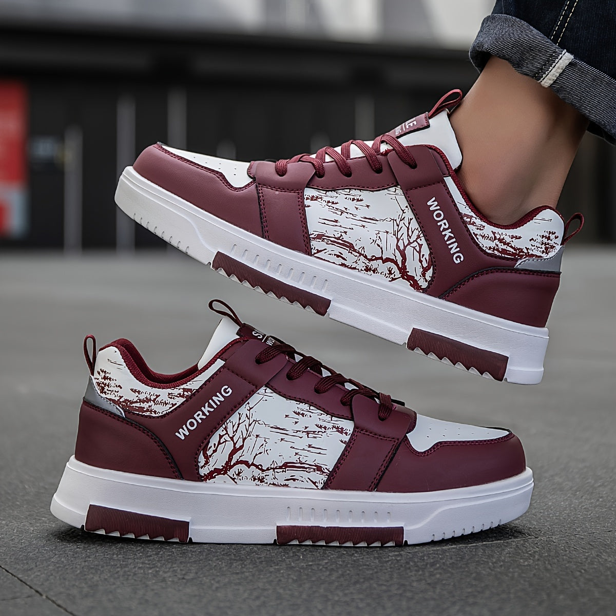 1pair Men'S Fashion Skateboard Sneakers, Casual Street Style Athletic Shoes with Branch Print, Comfortable Lace-Up Low-Top Trainers, Faux Upper, Fabric Lining, EVA Sole, for Running and Daily Wear