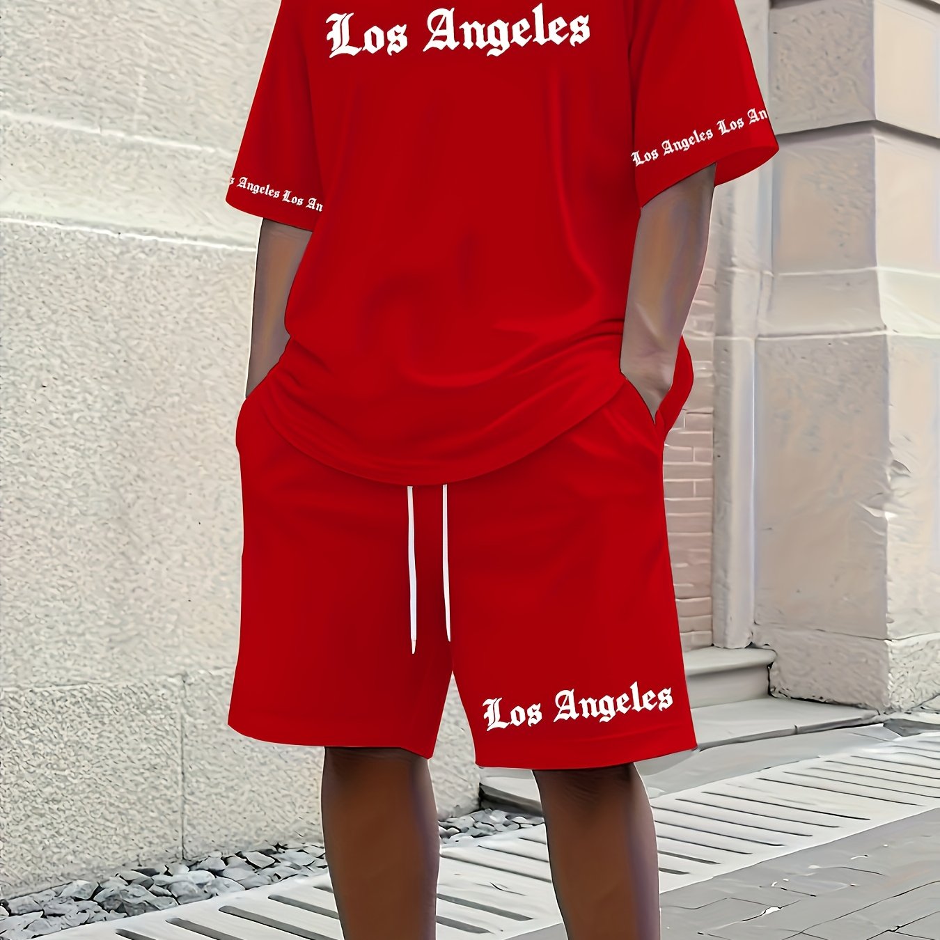 Men'S Los Angeles Graphic Print Casual Sportswear Set - Breathable Summer Short Sleeve T-Shirt & Drawstring Shorts with Pockets, Regular Fit, Crew Neck, Comfortable & Stylish for Casual Attire, Leisure Clothing | Trendy Sport