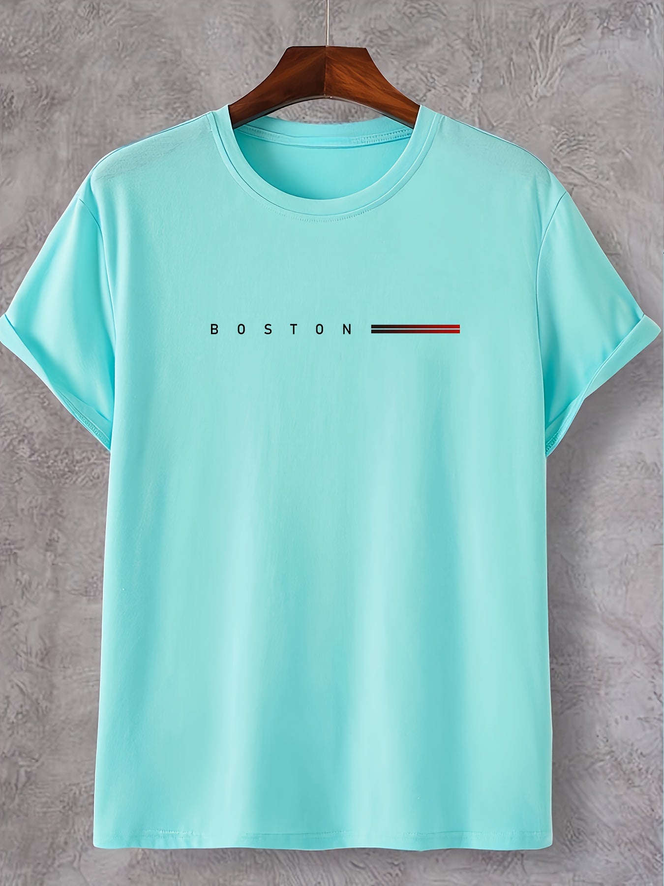 Men's Heavyweight 180gsm Cotton T-Shirt - Dark Gray Crew Neck Tee with Bold "Boston" Print, All-Season Everyday Formal Shirt for Men - Machine Washable Luxury Casual Top, Versatile Clothing, Modern Design, Premium Fabric, S