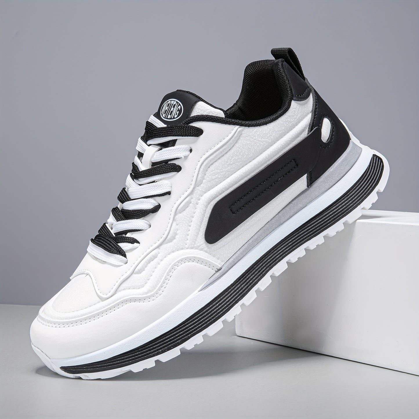 Men'S Breathable Lace-Up Sneakers - Color Block Design, Thick Sole, Casual Athletic Shoes for Casual Attire, Low-Top Style, Lace-Up Closure, PVC Sole, Fabric Inner, Round Toe, Faux Upper, Available in Black, Gray, Blue, Green