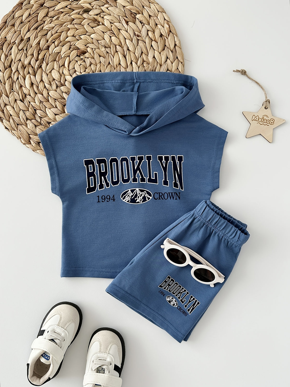 Baby Boys Sleeveless Knitted Hooded Top with Casual Shorts