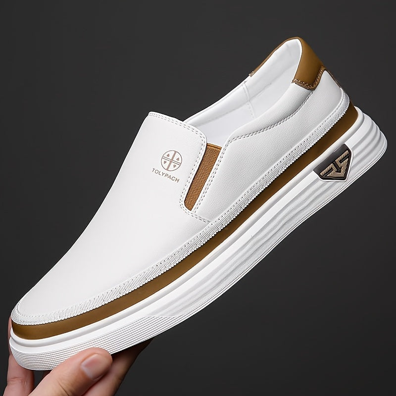 Men's Stylish Slip-On Loafers - Soft Upper, Non-Slip Rubber Sole, White with Brown & Golden Accents, Comfortable for Everyday Casual Wear, Vacation Shoes | Decorative Stitching | Synthetic Shoes, Dressy Shoes