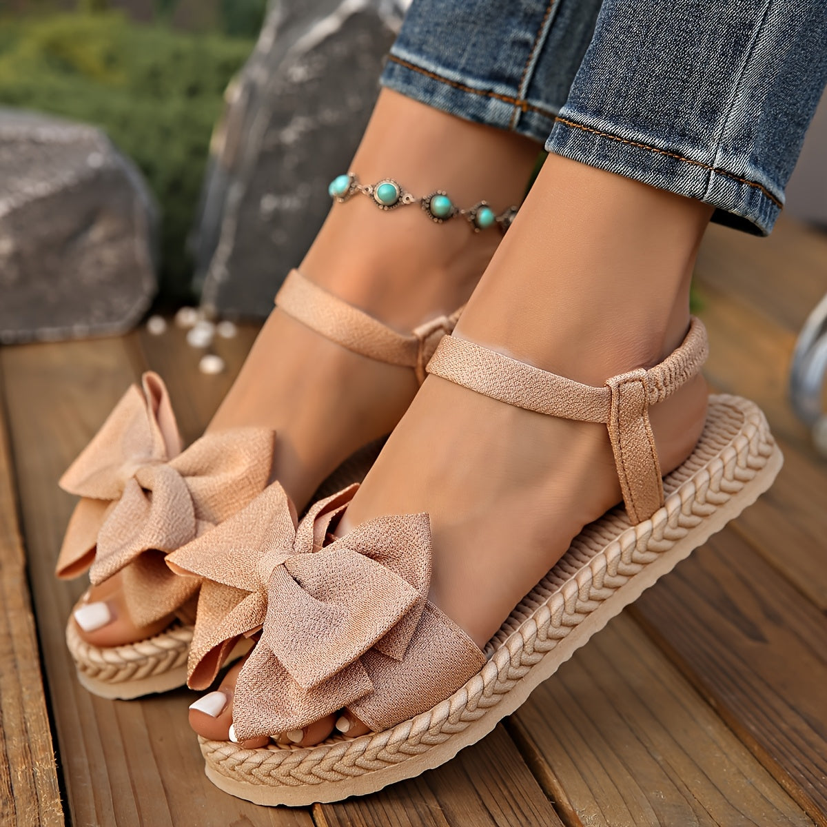 Elegant Women's Mary Jane Flat Sandals with Black Bow Detail - Lightweight Soft Microfiber Slip-On Open-Toe Beach Shoes, Comfortable EVA Sole for Casual Formal Wear, All-Season Versatile Design, Summer Footwear, Bowadorned