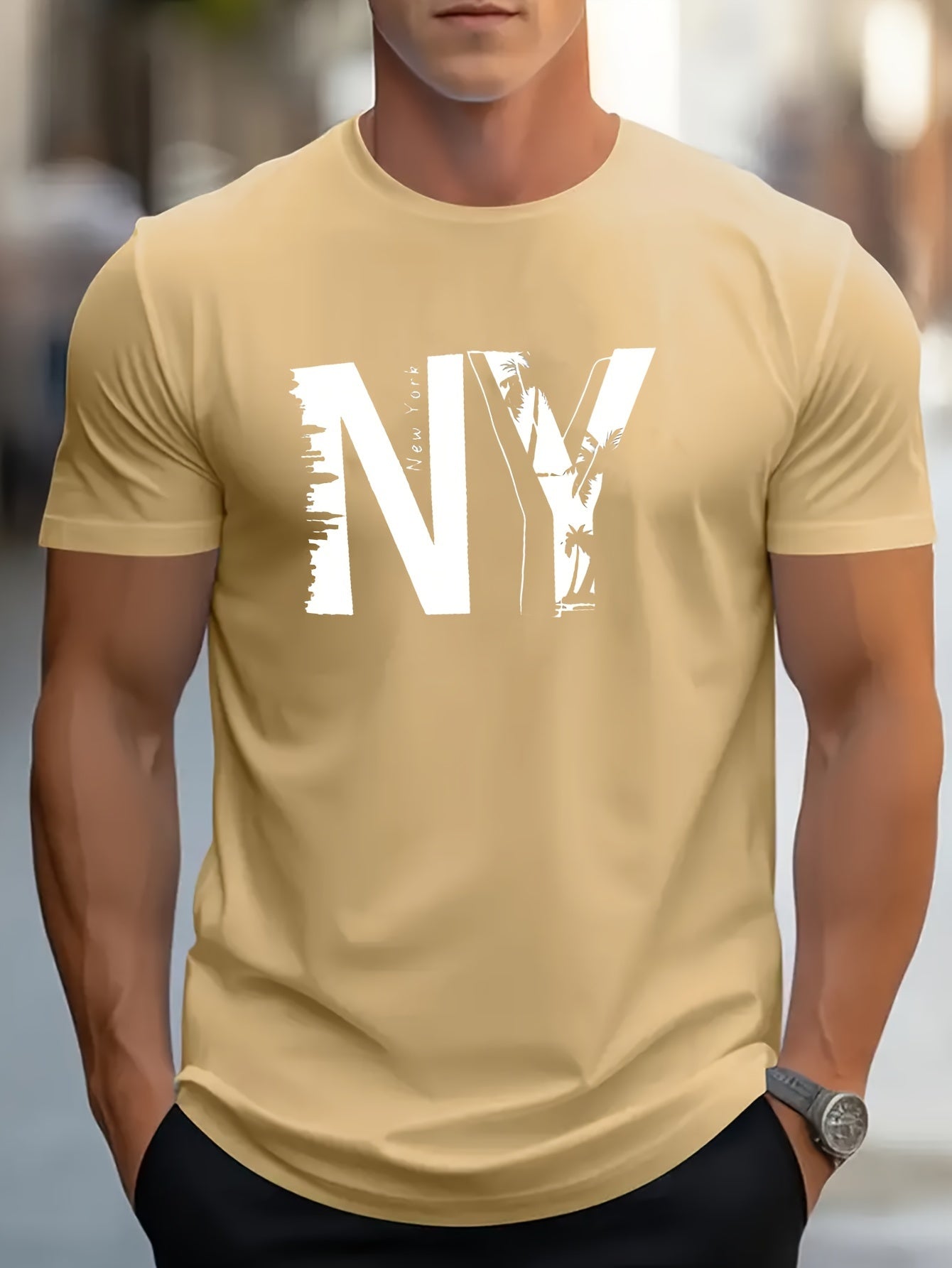 1pc Men'S Casual Cotton Blend T-Shirt with Letter Print, Round Neck, Regular Fit for Summer - Black, Navy, Red
