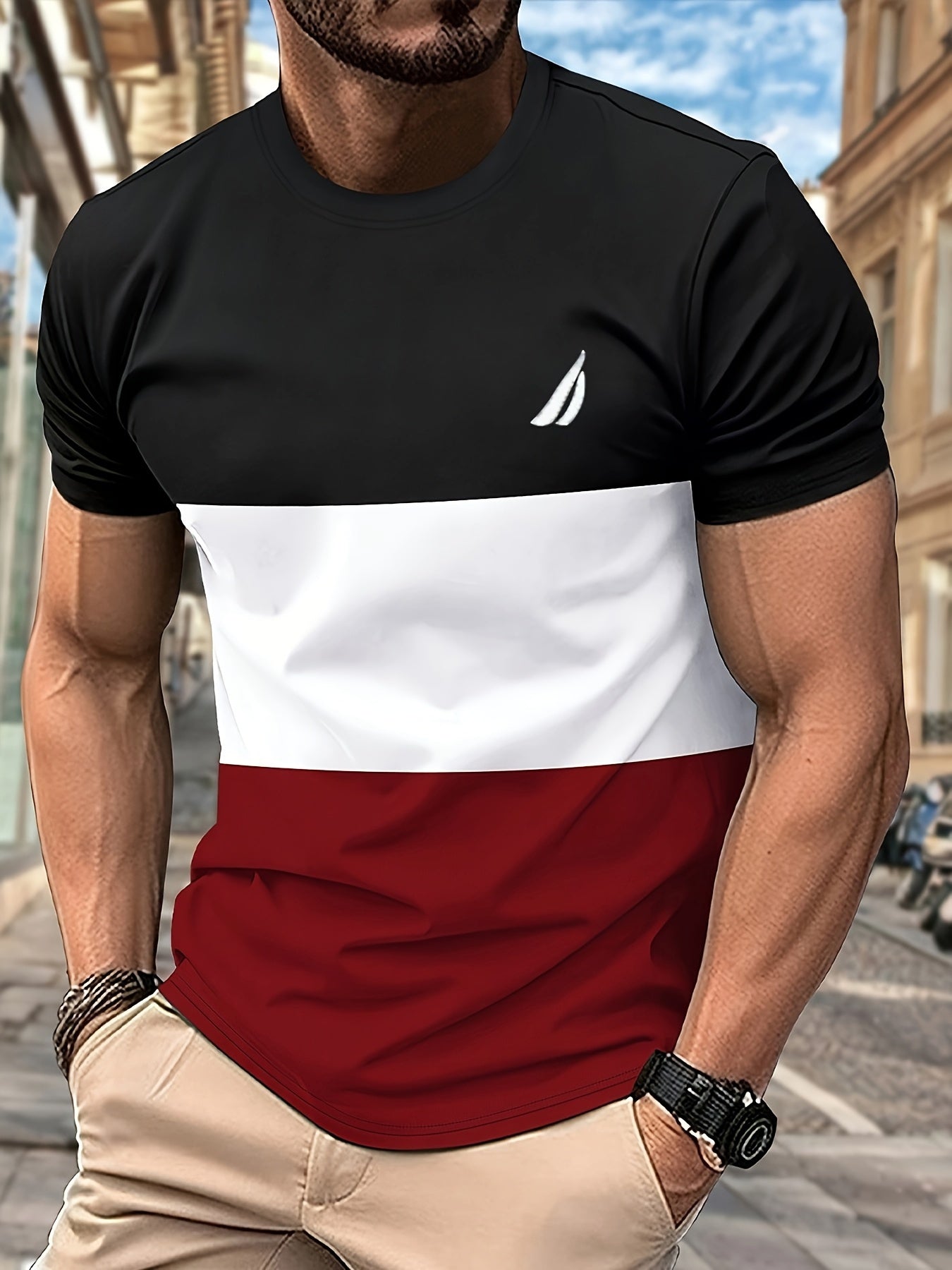 Men's Round Neck T-Shirt, Three-Color Patchwork Top with Asymmetric Double Stripes, Trendy Comfortable Breathable High-Quality Factory-Made Casual Fit