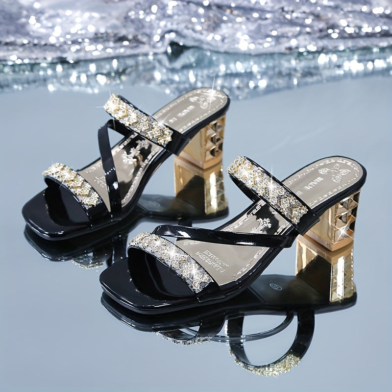 Elegant Women'S Summer Sandals - Sexy Open Toe with Glittering Square Toe, High Heel, and Rubber Sole for Outdoor Wear, Summer Footwear Chic Sandals Glossy Finish, Strappy Sandals
