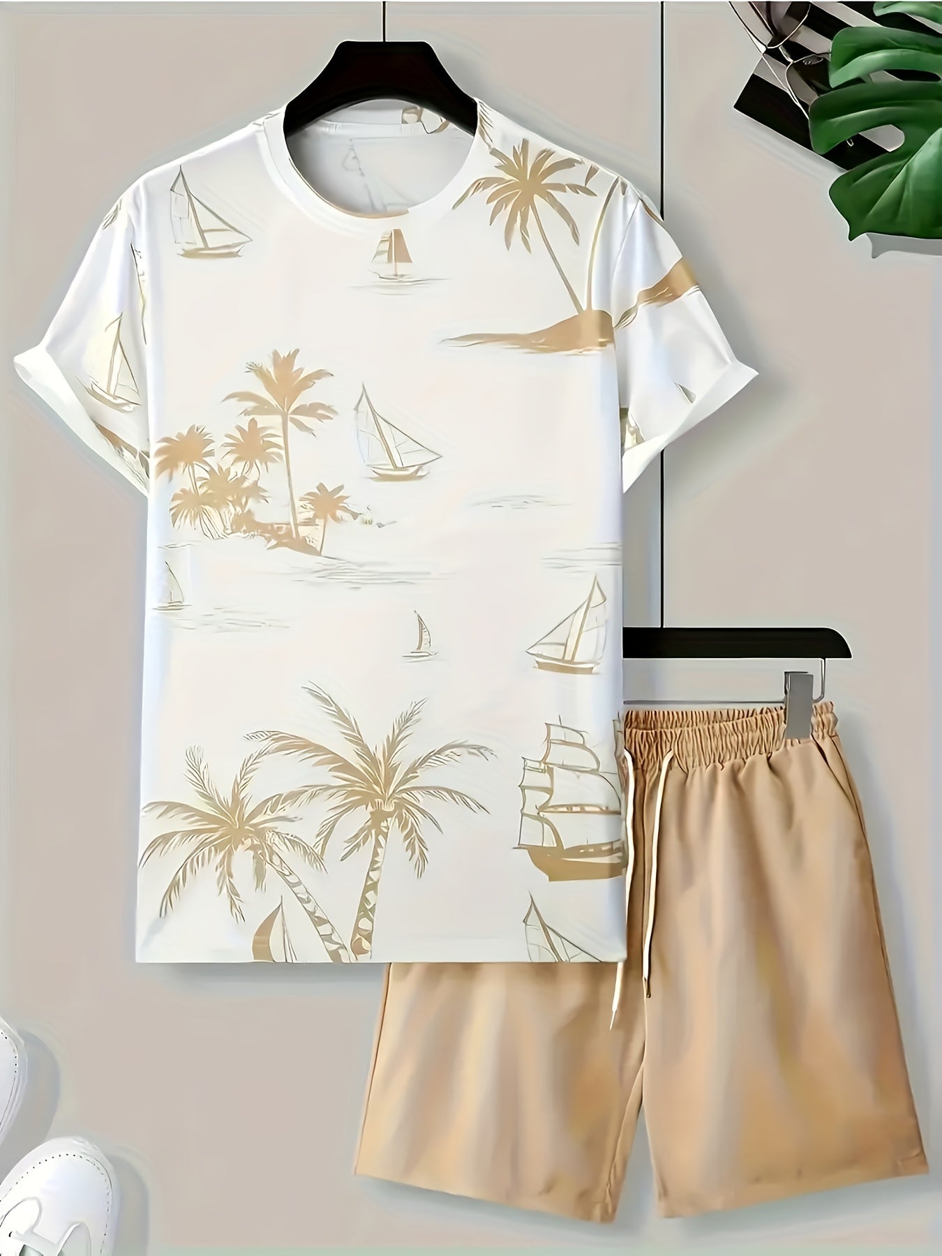 Men's 2025 Summer New Short Sleeve Shorts Set: Beach Casual 3D Coconut Tree Print, 2pcs Fashionable Palm Pattern T-Shirt and Shorts with Slight Stretch Polyester Knit Fabric, Slim Fit for Outdoor Activities & Family Gathering
