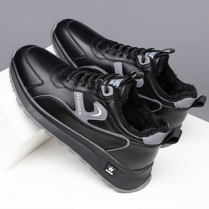 Men's Winter Non-Slip Sneakers - All-Season Traction Shoes with Thick Cushioned Rubber Sole, Slip-Resistant Grip, PU Upper & EVA Insole - Low-Top Sneakers for Hiking, Gym, Everyday - White & Gray Accents - Ideal Cold Weather