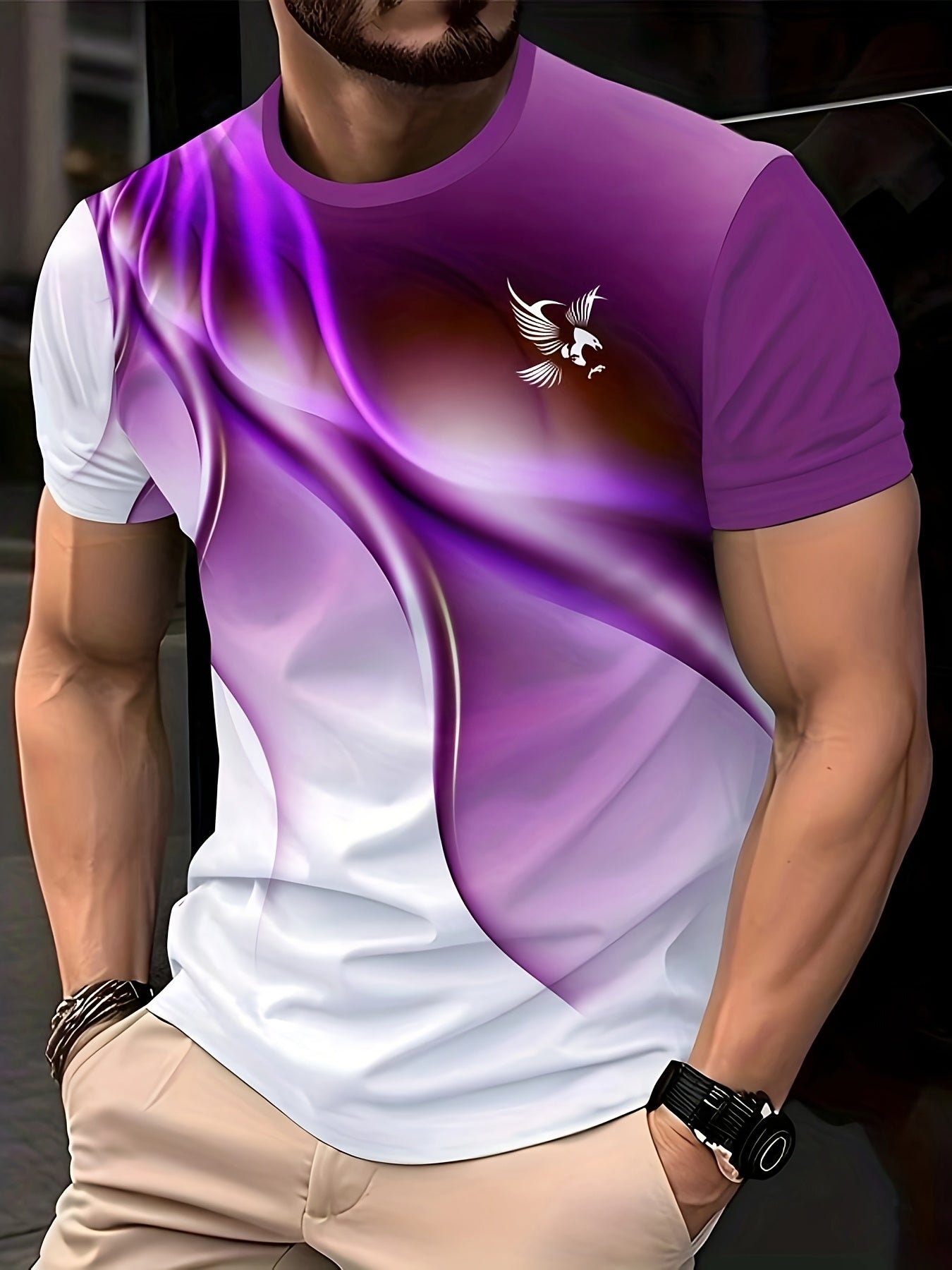 Men'S Round Neck T-Shirt with a Simple Multicolored Bird Pattern Print in Trendy Style.