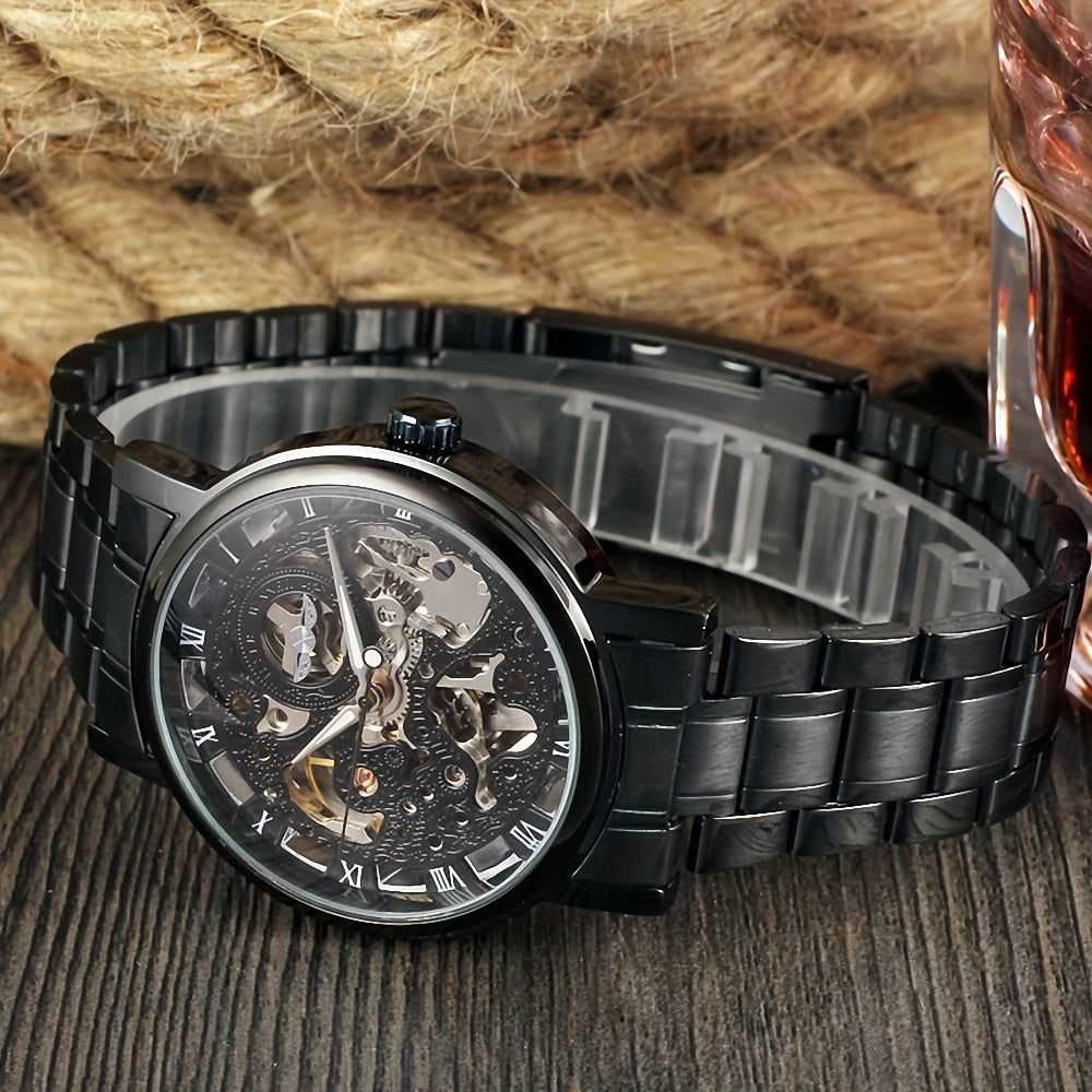 1pc T-WINNER Men'S Luxury Skeleton Automatic Mechanical Watch with Luminous Hands, Black Stainless Steel Strap & Roman Numerals - 3ATM High Quality, Business Casual Style, Includes Gift Box, Business Casual Watch | Skeleton W