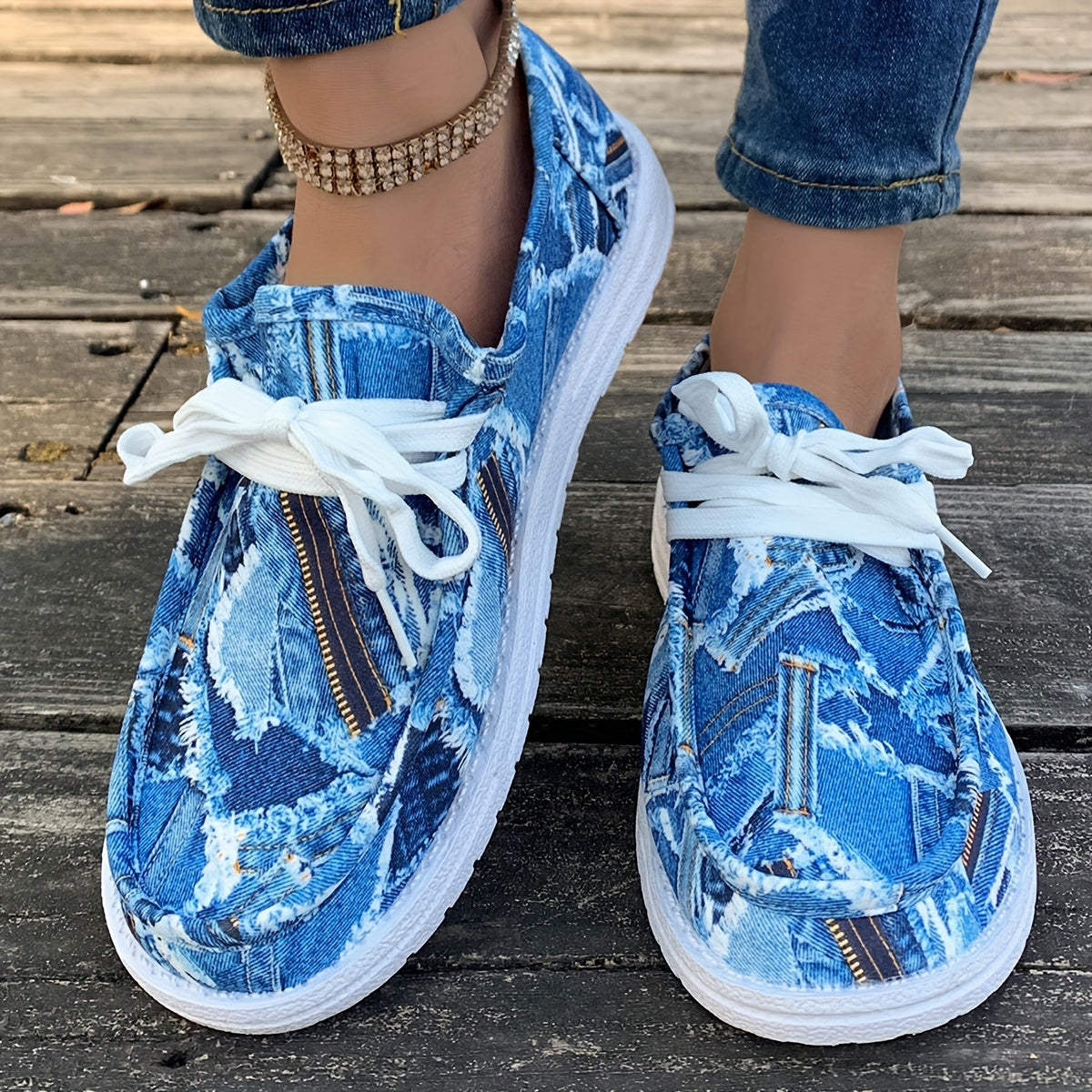 Women's Denim Print Flat Sneakers, Lightweight Round Toe Low Top Shoes, Casual Outdoor Walking Shoes plus size