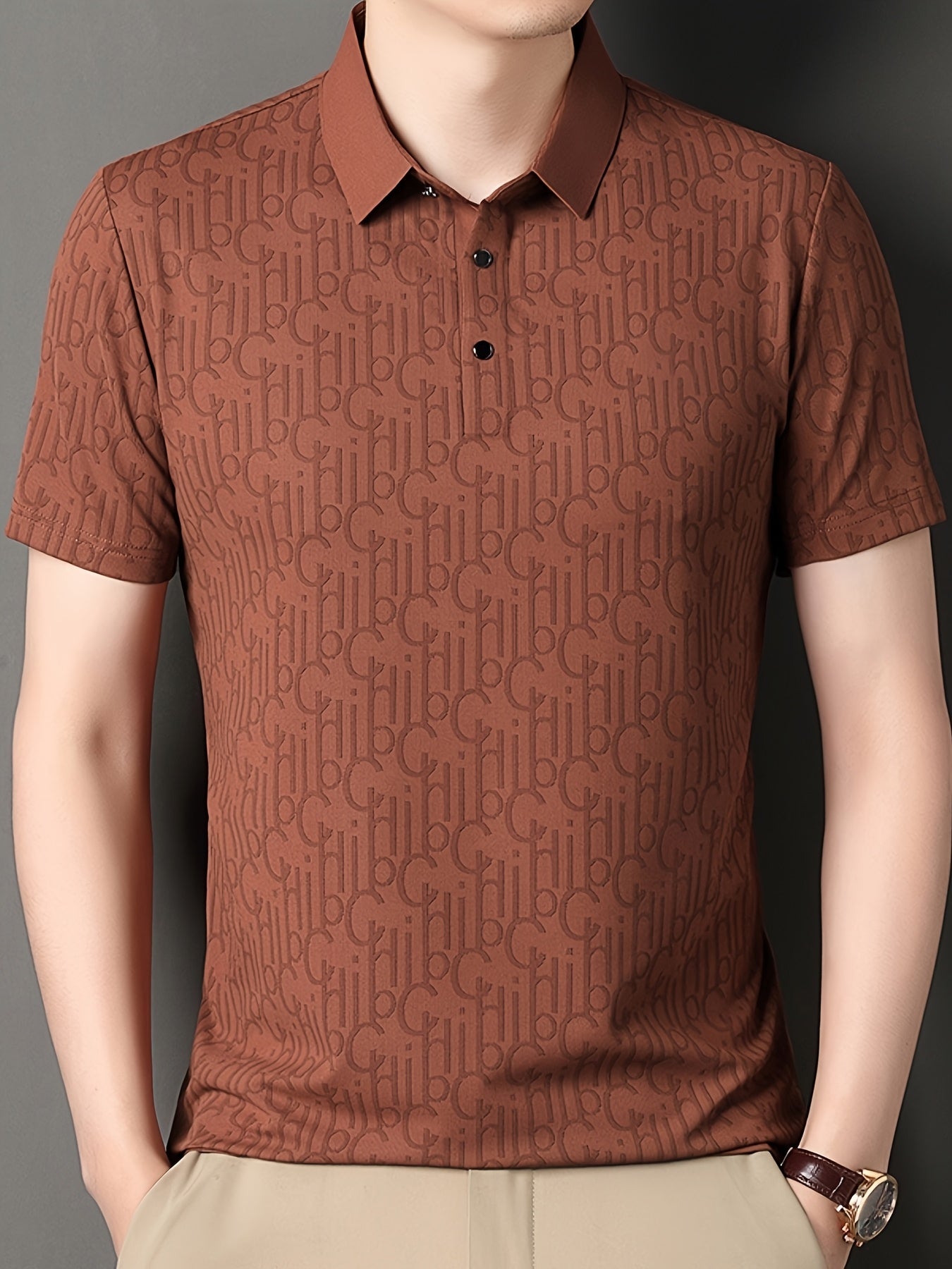 Men'S Casual Summer Short Sleeve T-Shirt with "Gil" Letter Print, Light Gray, Button-Up Collar, Medium Stretch Fabric, Regular Fit, Perfect for Weekend Outings, Relaxed Outing Shirt Letter Print Tee Medium Stretch Fabric
