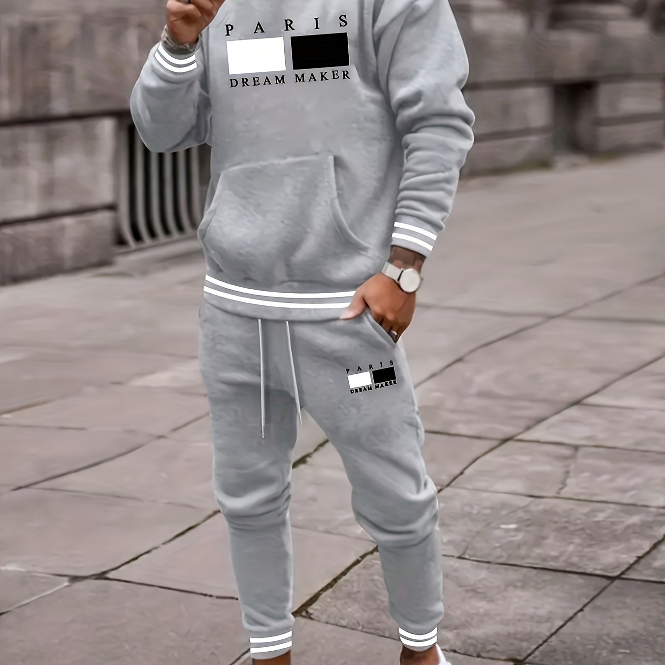 2025 New Men'S Paris Letter Print Hoodie And Drawstring Waist Pants Set, a Perfect Gift for Your Boyfriend.