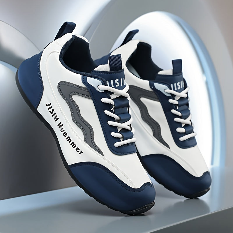 Men's Breathable Color-Block Low-Top Running Shoes - White Navy Blue Contrast Design, Durable PU Upper PVC Sole, All-Season Non-Slip Traction for Gym, Jogging, Casual Wear, Jogging Footwear Sporty Look Fabric Lined In