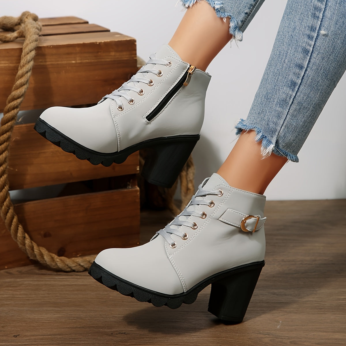 Women's Chunky platform heel Boots - Lace-up closure, Faux Cover Round-toe boots with, Thick Platform Sole for Dresses, Jeans, Party Outfits - All-Season Everyday Formal Shoes, Stylish Outfit Additions, Side Zipper Detail,