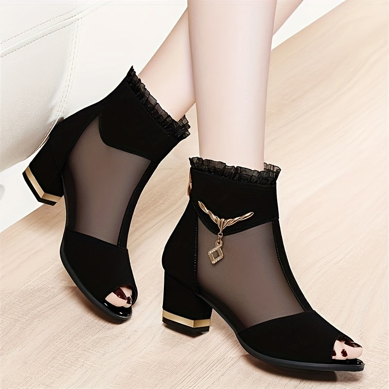 Elegant Black High-Heel Sandals with Mesh Upper - Comfortable Block Heel, Open Toe Design, Stylish Zipper Closure, Perfect for Summer Formal Wear, Formal Footwear Elegant High Heel Zipper Closure Sandals
