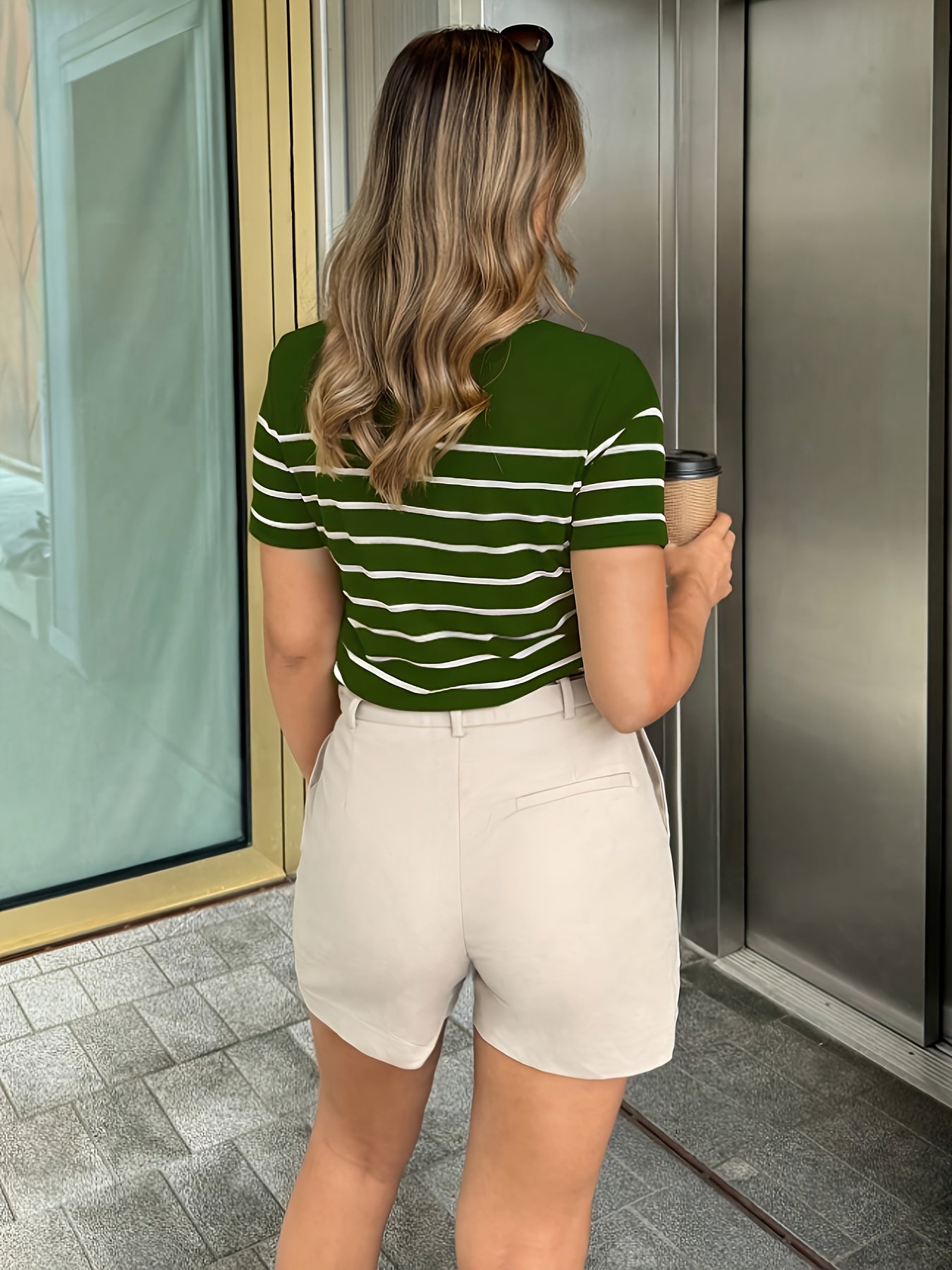 Women'S Y2K Green & White Striped T-Shirt - Casual, Versatile Top for Spring/Summer, Short Sleeve, Round Neck, Casual Attire | Casual Style | Glossy Finish