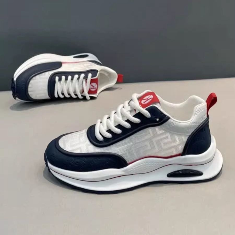 Men's Lightweight Breathable Low-Top Sneakers - PU Upper PVC Sole, White/Navy/Red Accents, Lace-Up Round Toe for Casual, Outdoor, Running Gym - All-Season Comfort Shoes, Casual Footwear, Geometric Pattern, Comfortable Fit