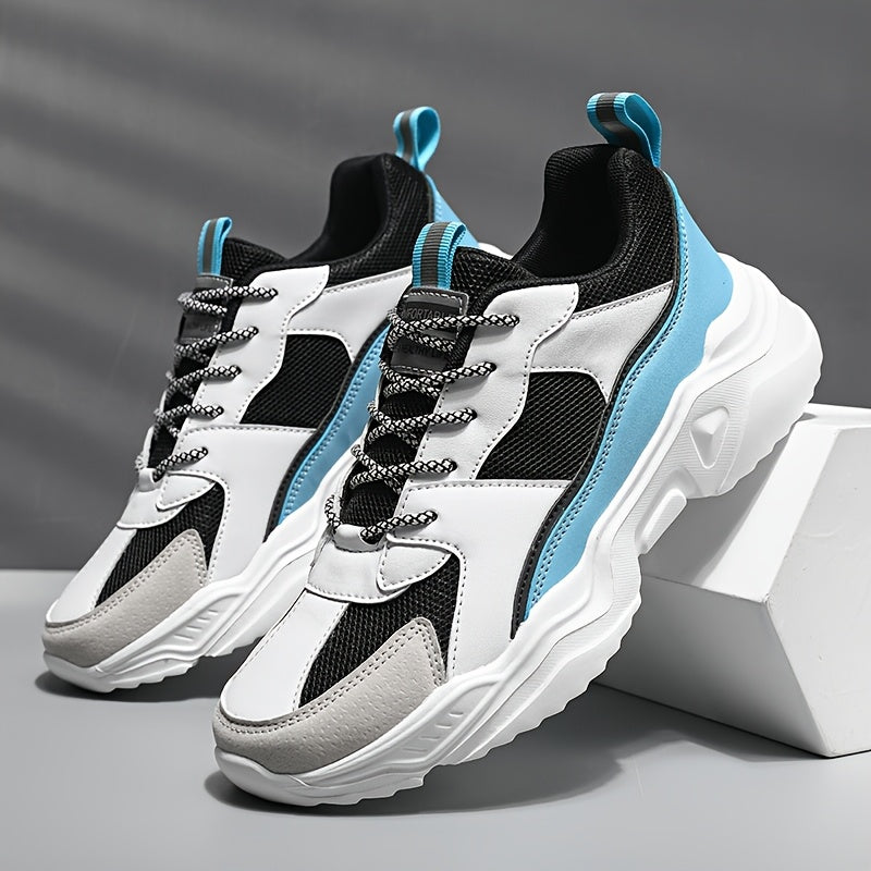 Men'S Athletic Sneakers, Thick Sole Lace-Up Dad Shoes, Multicolor Block Splicing Style Casual Footwear, Suitable for Outdoor Activities