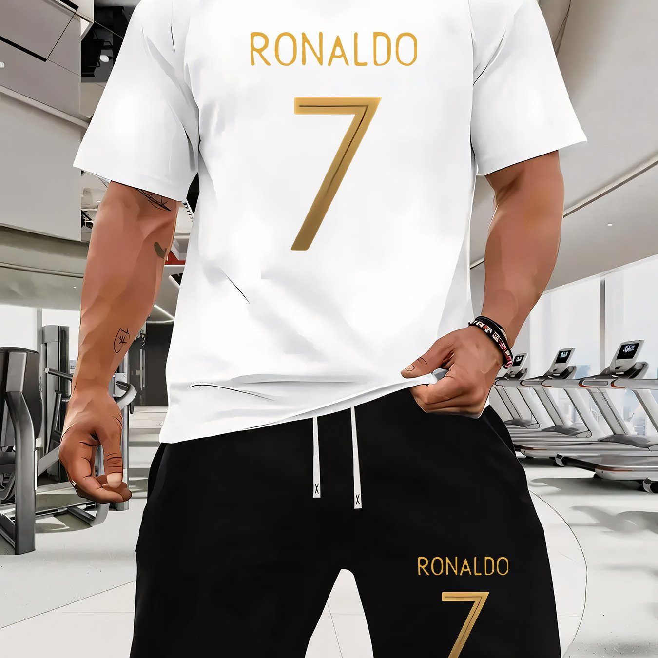 Ronaldo 7 Print Men'S Short Sleeve T-Shirt and Waistband Shorts 2pcs Casual Sports Regular Top & Bottom Set, Suitable for Spring/Summer