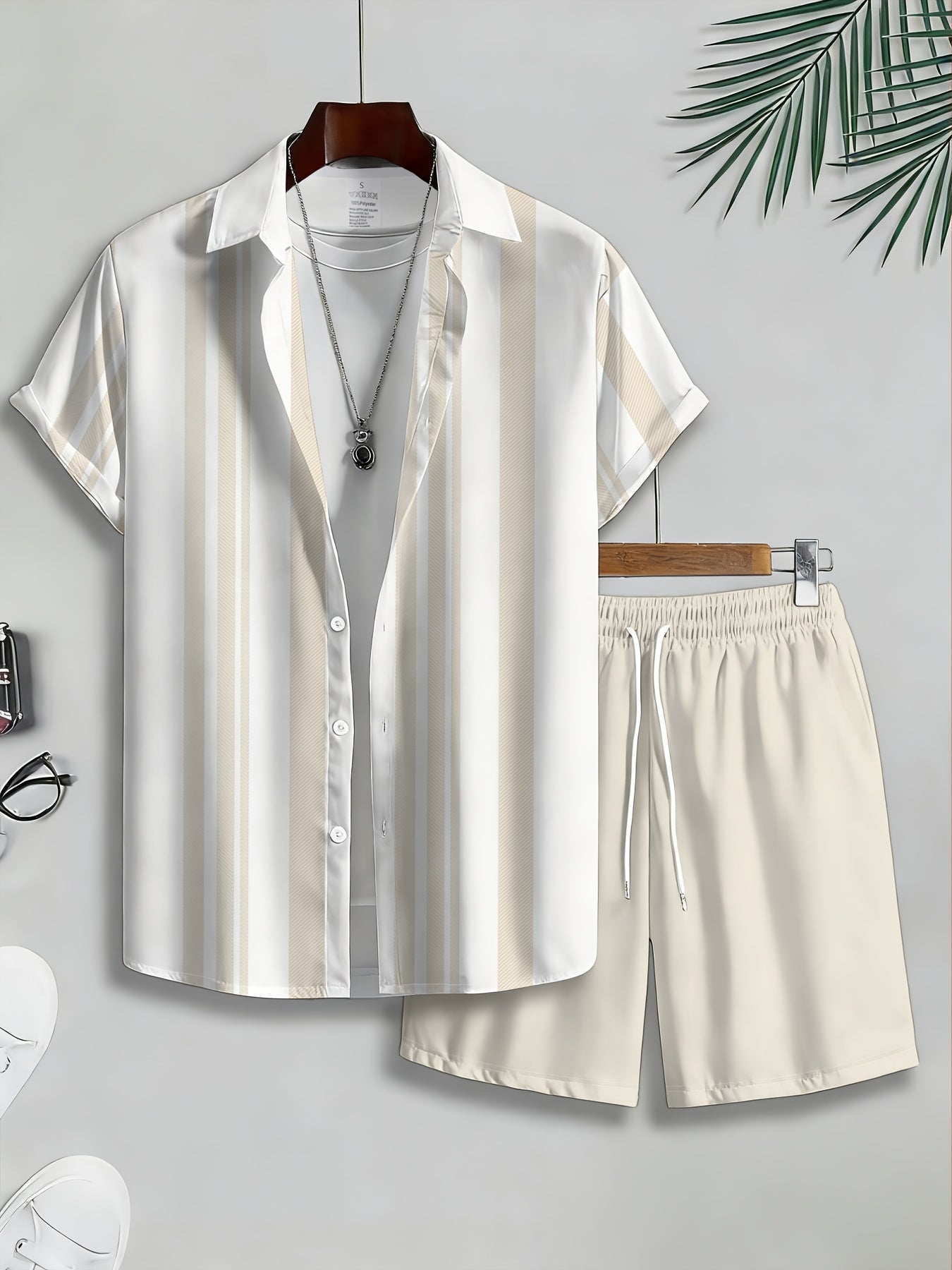 Men's Casual 2-Piece Striped Button-Up Shirt & Shorts Set