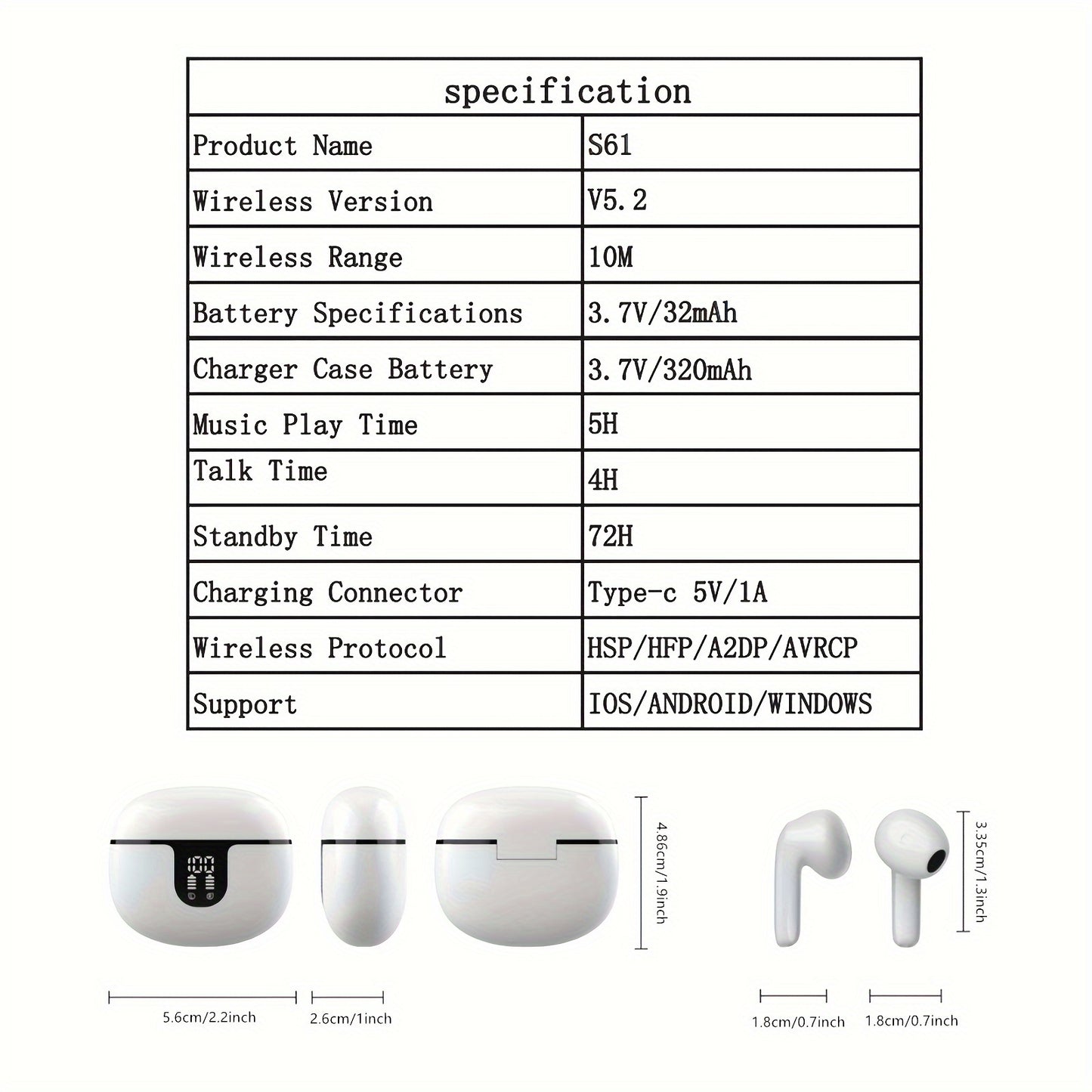Wireless Earbuds Headphones, 40H Playtime Stereo Ear Buds, LED Power Display Cordless In-Ear Earphones with Microphone for iOS Andriod Cell Phone Sports