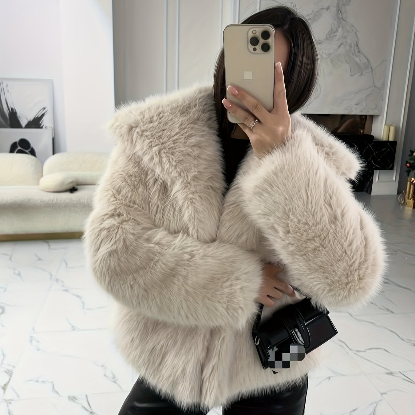 Women's Elegant White Faux Fur Coat - Short-Length Winter Jacket with V-Neck & Collar, Machine Washable -Like Outer, All-Season Short Coat for Parties,, or Casual Outfits (No Bulk)