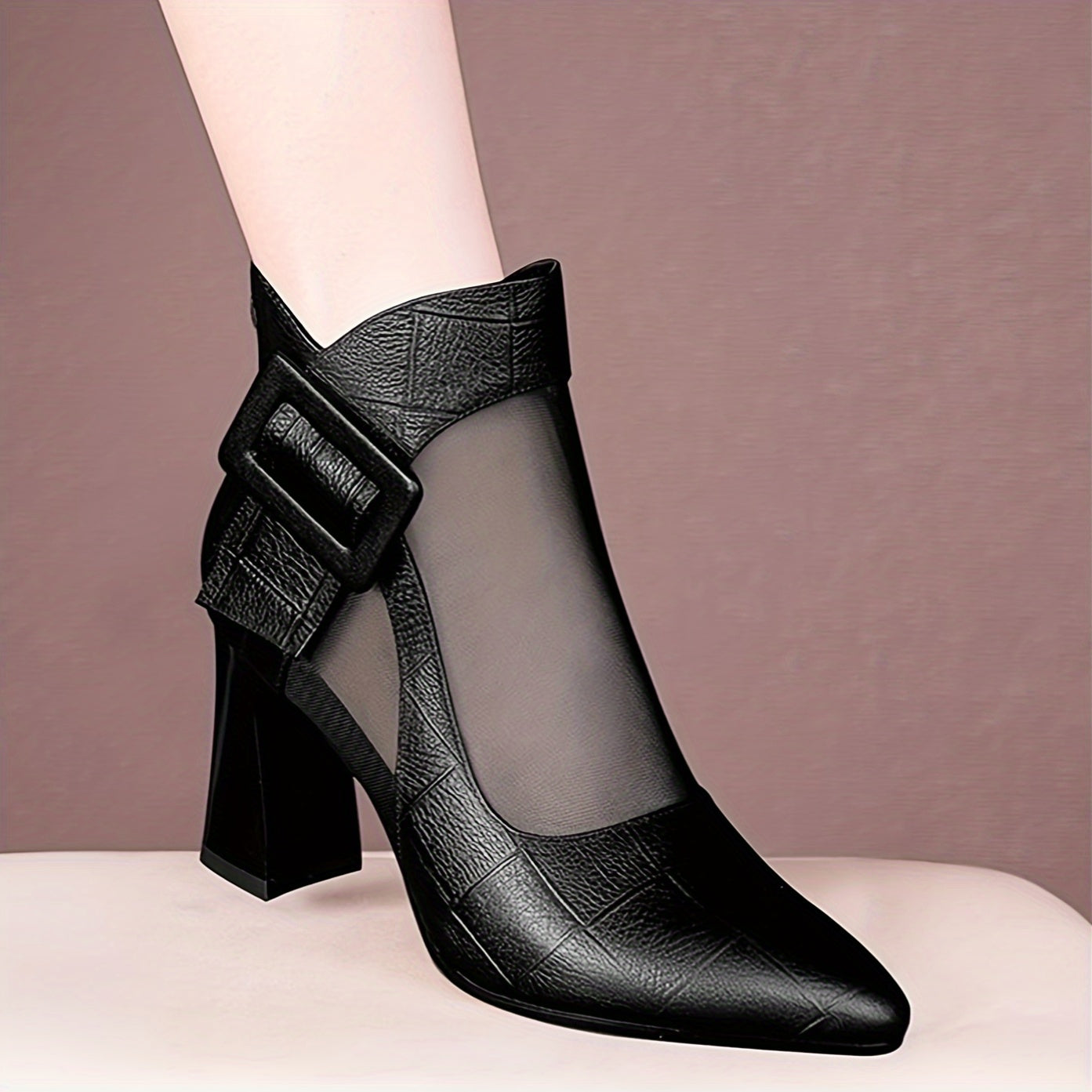 Women'S Pointed Toe Chunky Heel Pumps - Breathable Mesh Back Zipper Closure, Synthetic Cover Upper Rubber Sole, Black Summer Casual Formal Dress Shoes for Office, Weddings, Parties, High Heel Boots, Wedding Guest Shoes, Cri