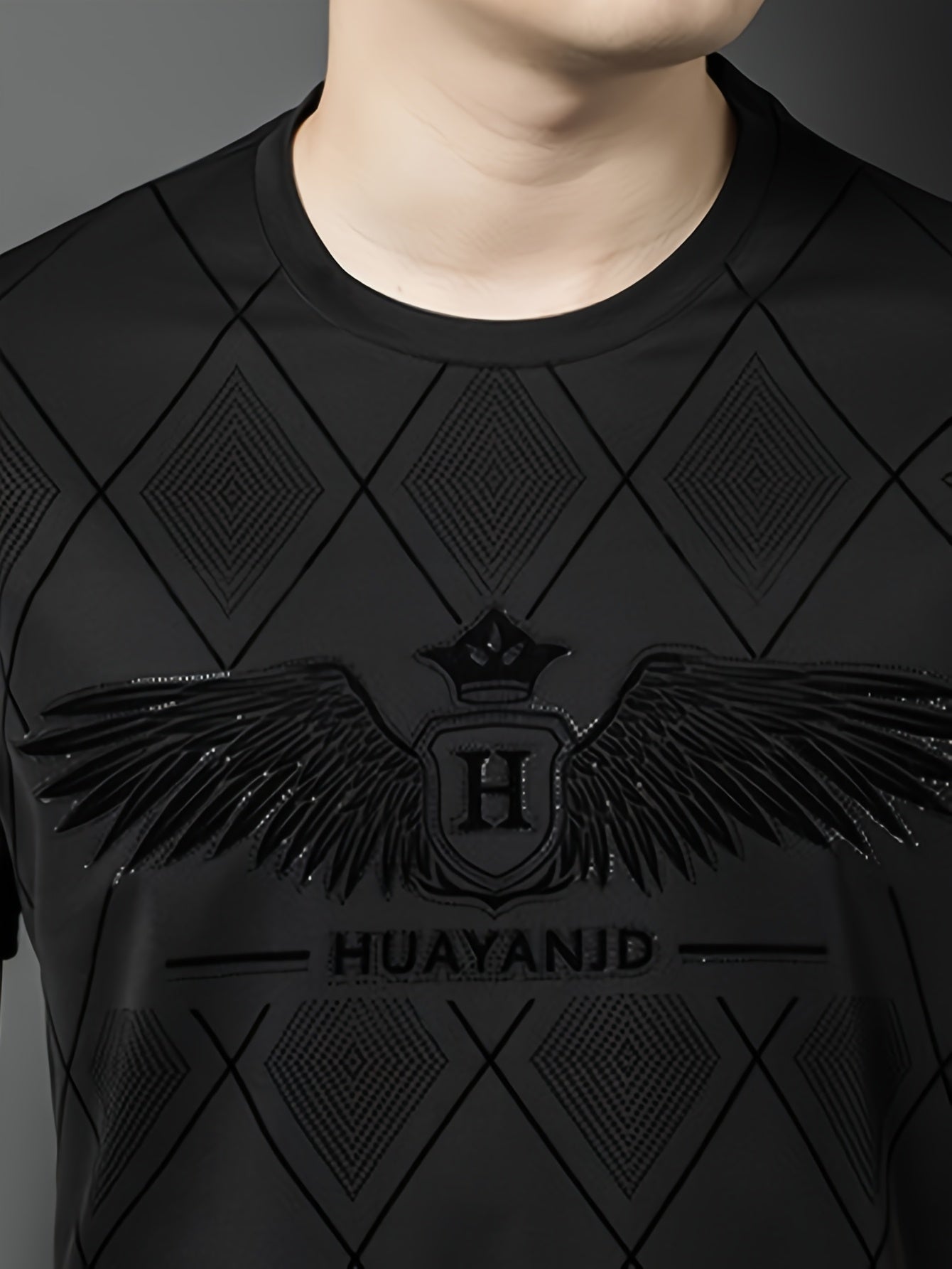 SINBOS Men's 2025 Summer Short Sleeve T-Shirt - Black Casual Graphic Print Tee with Wing HUYAND Logo Design, Breathable Stretch Fabric, Round Neck Regular Fit for Casual Attire, Nontransparent Material, Relaxed Fit, Trendy