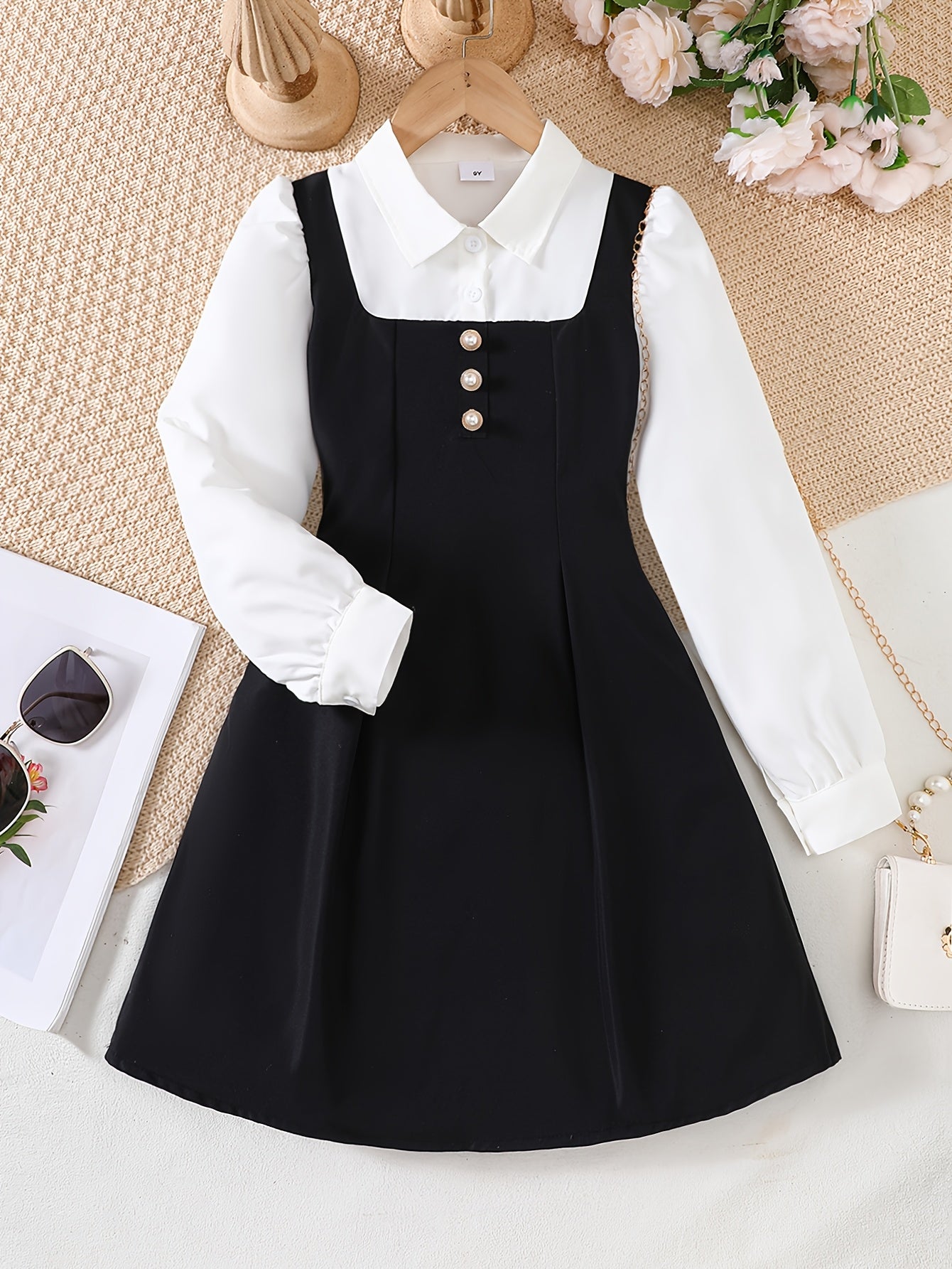 Girls' Elegant Black & White Patchwork Dress with Collared Shirt