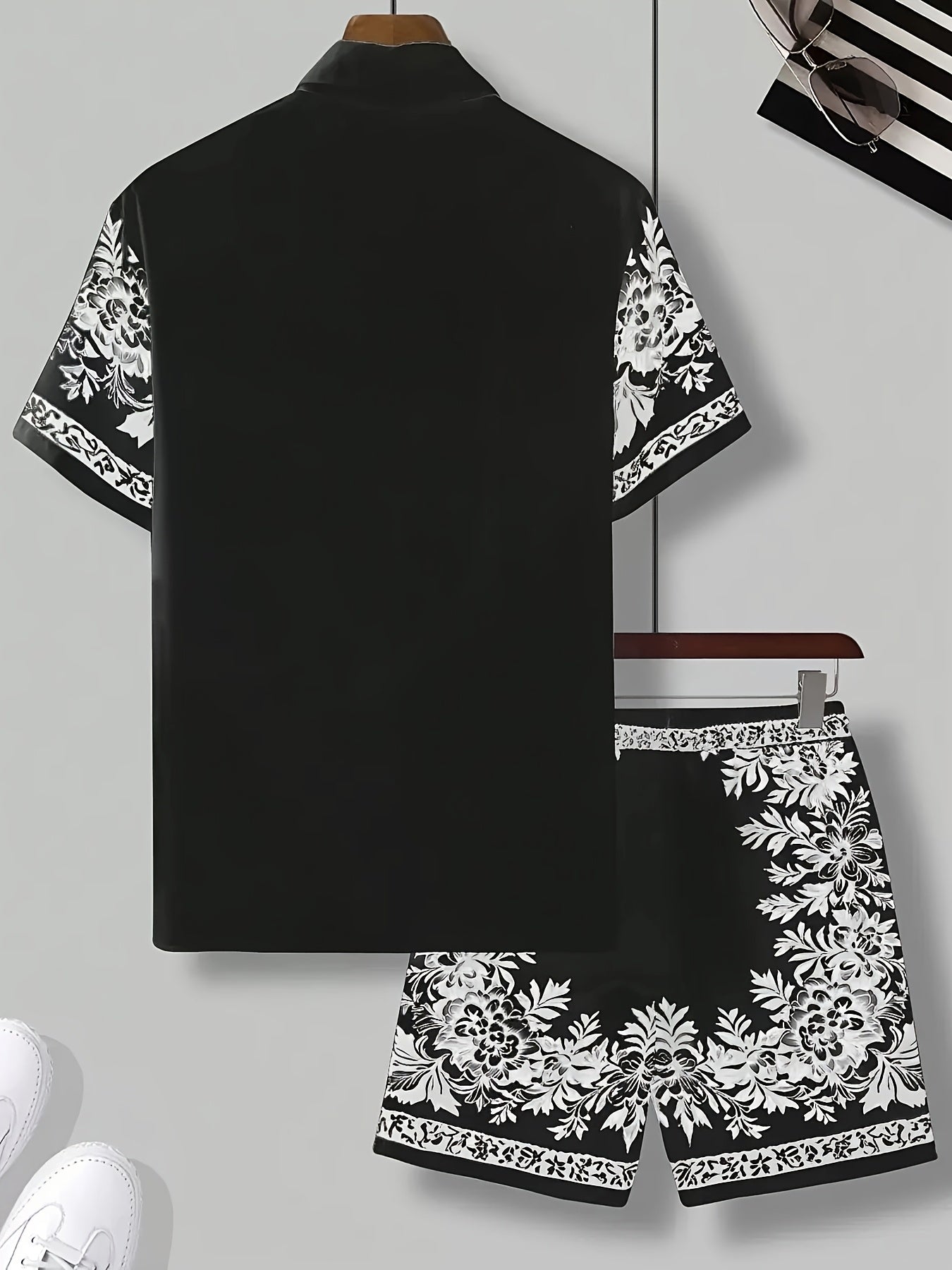 Men'S Two Sets of Floral Print Casual Button-Up + Drawstring Sports Shorts Two-Piece Hawaiian Beach Sports Styl