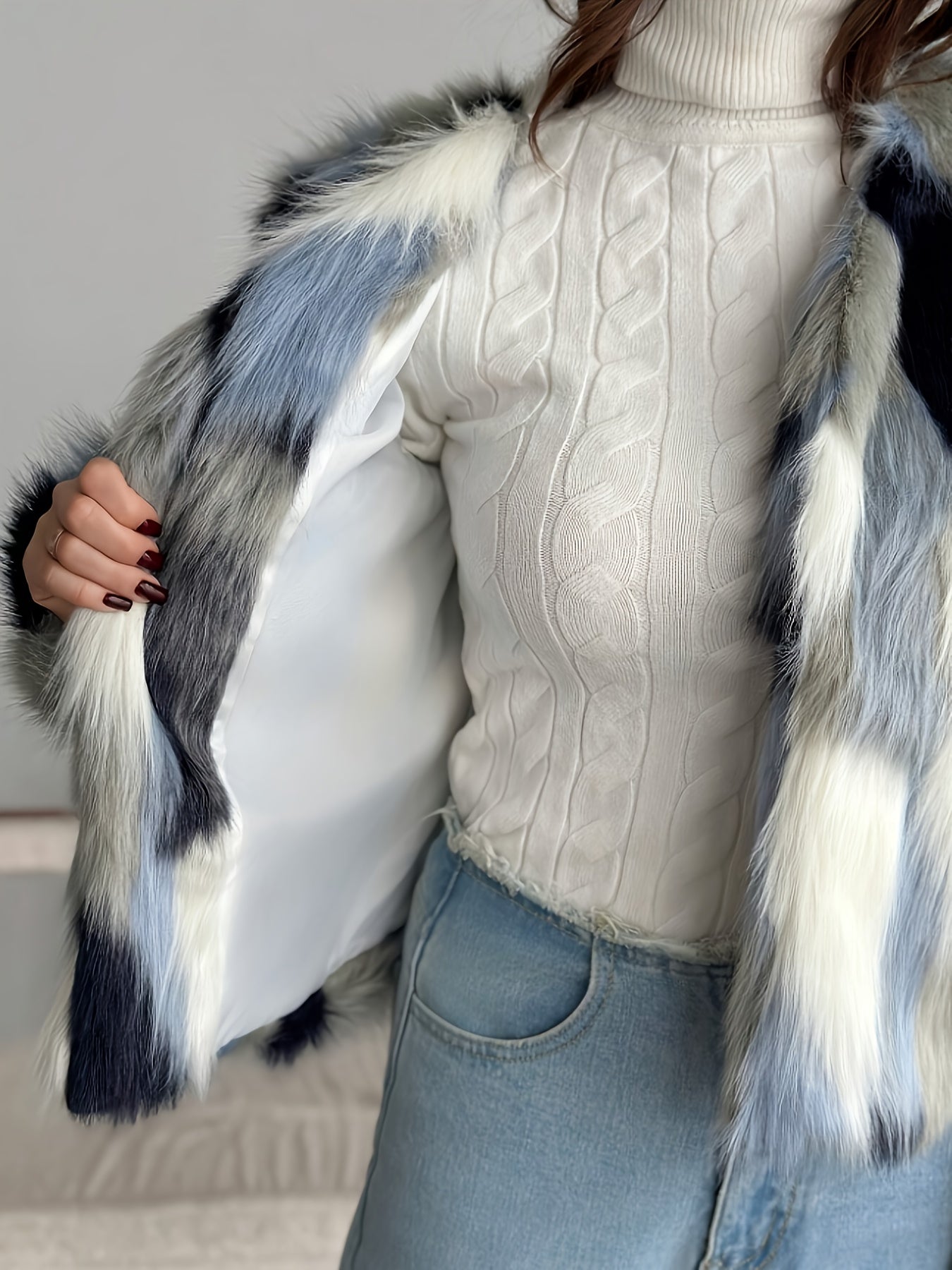 Women's Elegant Tie-Dye Faux Fur Coat - Plush Warm Winter Outerwear with Blue Black White Grey Pattern, Machine Washable Fall Winter Fashion Coat for Casual & Formal Outfits, Winter Coat, Open Front Design, Soft Texture
