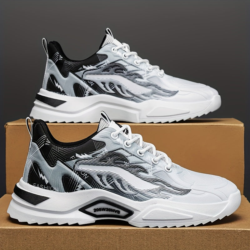 Men's Sneakers - Lightweight Cushioned Platform Sneakers with Lace-Up Closure, Non-Slip PVC Sole - Breathable Gym, Running, Casual Shoes in Grey/Black colorway - for Everyday Light Hiking, Gym Shoes