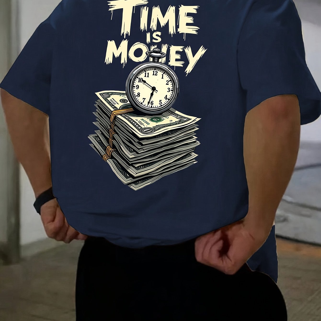 Men'S Casual Short Sleeve T-Shirt with "Time is Money" Clock Stack of Cash Graphic - Lightweight Polyester, Loose Fit, Round Neck, Perfect for Spring Summer Outdoor Wear, Relaxed Fit Shirt Bold Graphic Tee Glossy Text