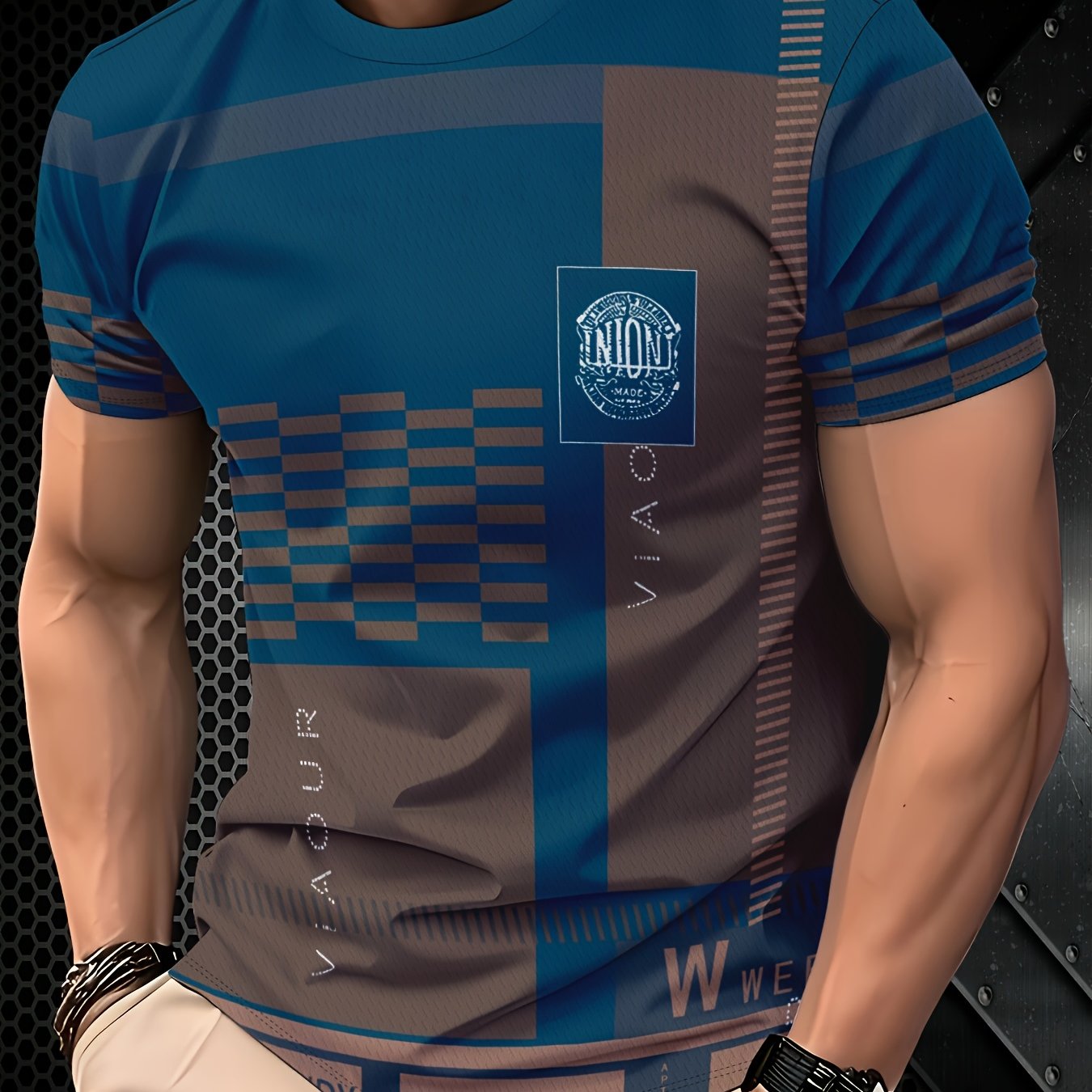 Men'S Navy Brown Plaid Short Sleeve T-Shirt - "Union" Logo, Casual Crew Neck, All-Season Comfort, Regular Fit, Casual Attire Plaid Pattern Top Glossy Finish, PLUS SIZE