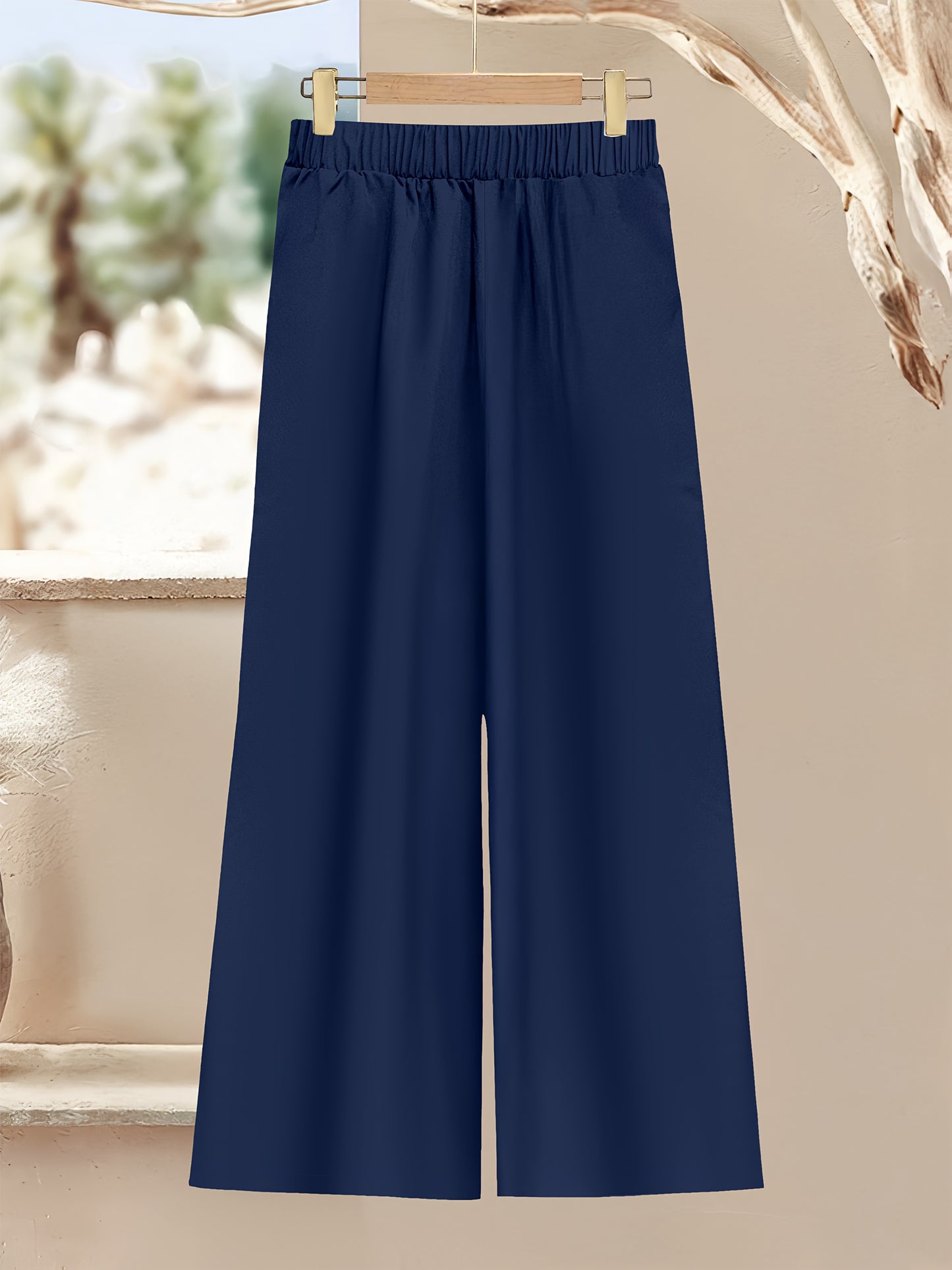 Elegant Ethnic Style Loose-Fit Top and Solid Color Casual Pants 2pcs Set for Women - Chic V-Neck with Floral Pattern, Long Sleeve, Polyester Blend, Perfect for Spring/Summer/Fall