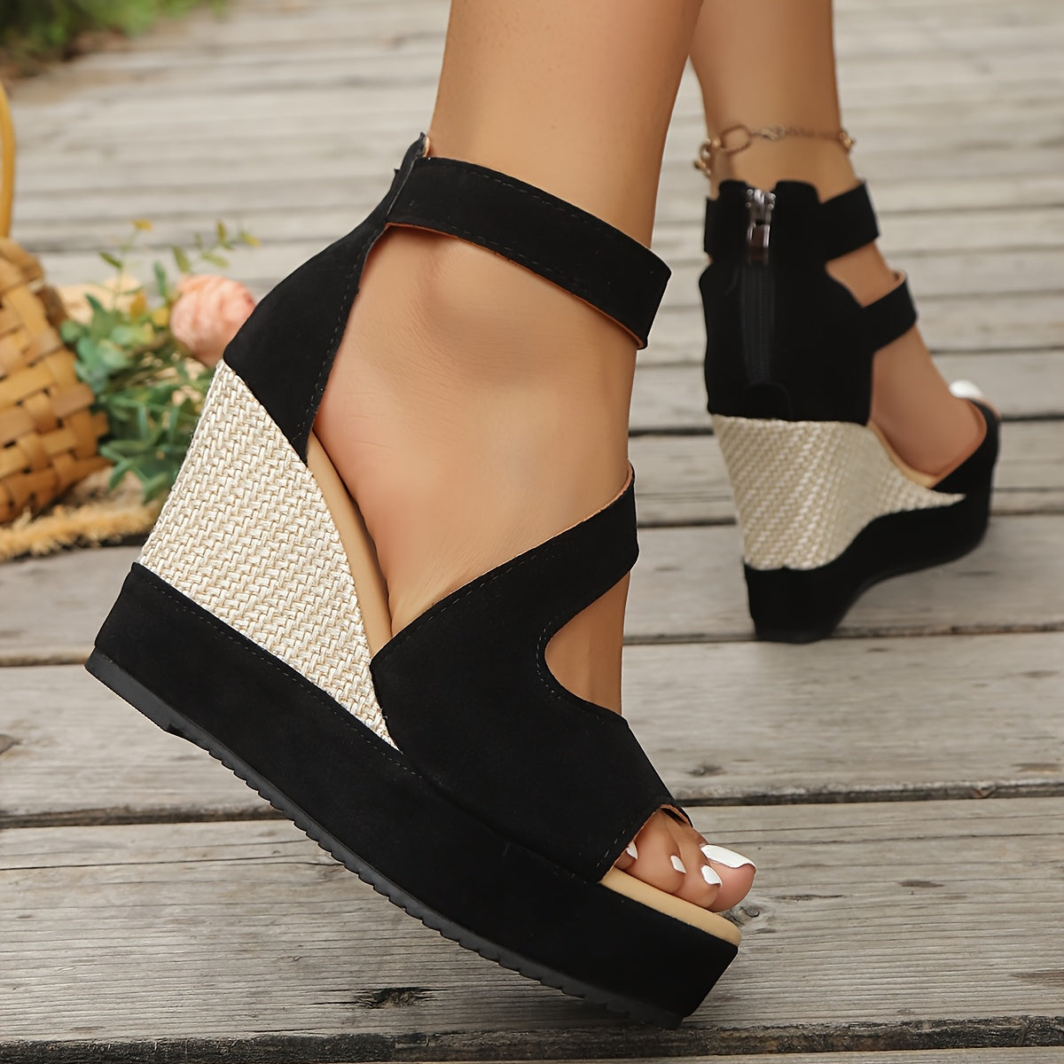 Women'S Black Platform Wedge Sandals - Open Toe, Zipper, Textured Design, High Heel, Comfortable for All Seasons, Casual Footwear Platform Wedge Sandals Rubber Sole