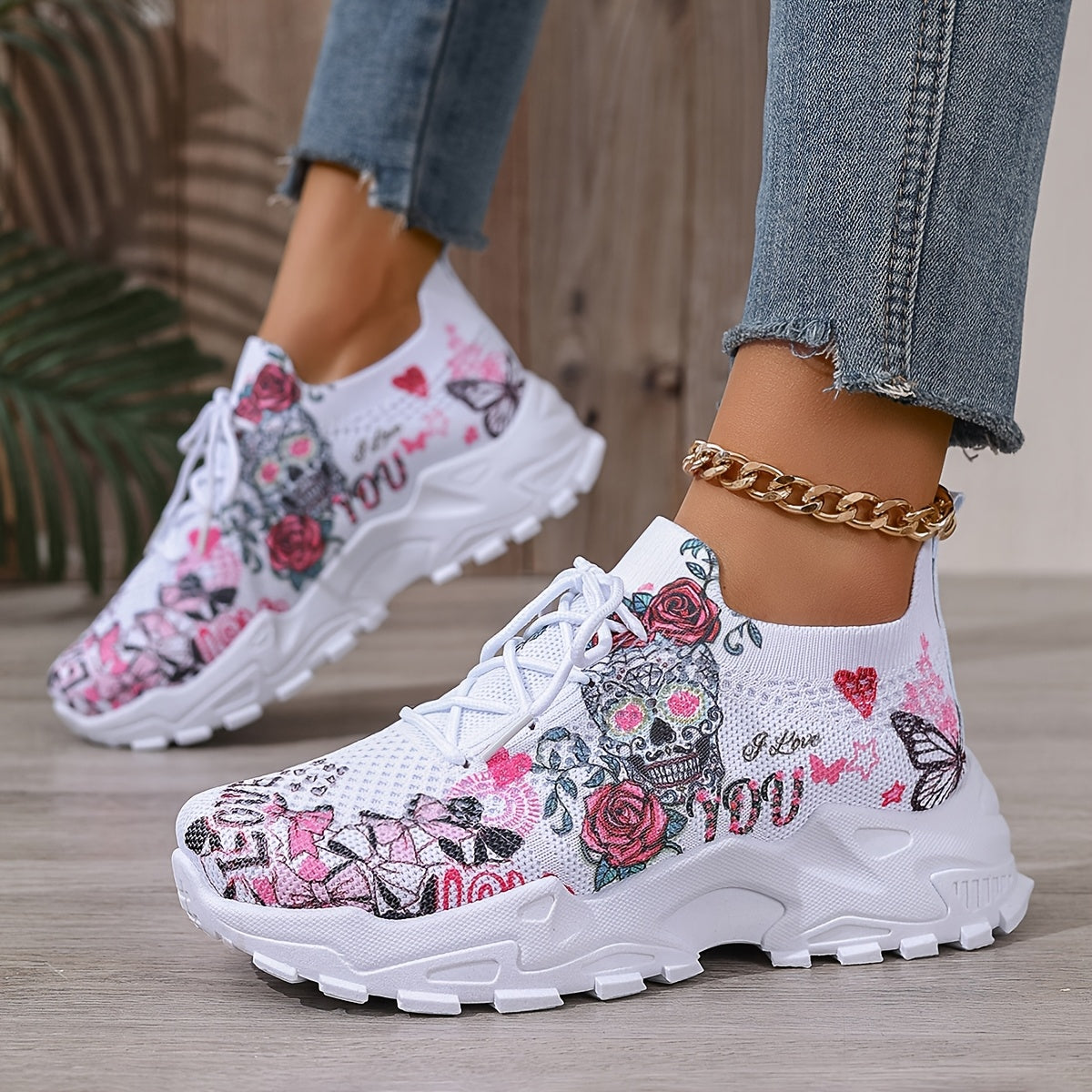 Women's Floral Skull Print Breathable Mesh Sneakers, Lightweight Low-Top Running Shoes with Soft PU Sole, Stylish Pink White Design for Casual Wear, Outdoor Travel Halloween Events, Allseason Footwear Japaneseinspired