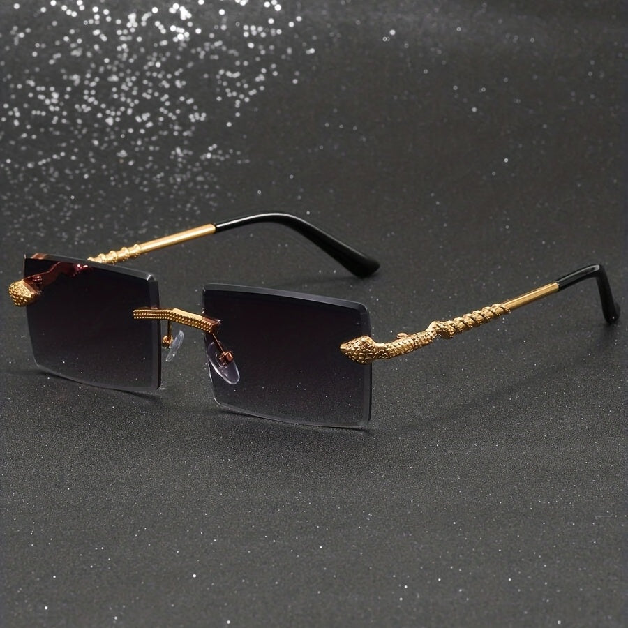 Vintage Style Square Rimless Glasses with Snake Design, Zinc Alloy Frame, Black Lenses, ENSARJOE