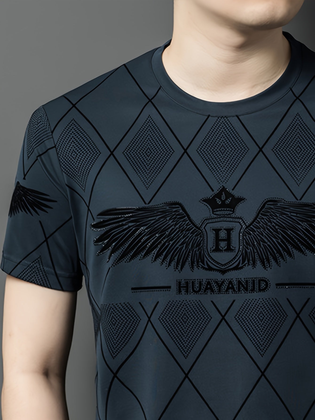 SINBOS Men's 2025 Summer Short Sleeve T-Shirt - Black Casual Graphic Print Tee with Wing HUYAND Logo Design, Breathable Stretch Fabric, Round Neck Regular Fit for Casual Attire, Nontransparent Material, Relaxed Fit, Trendy