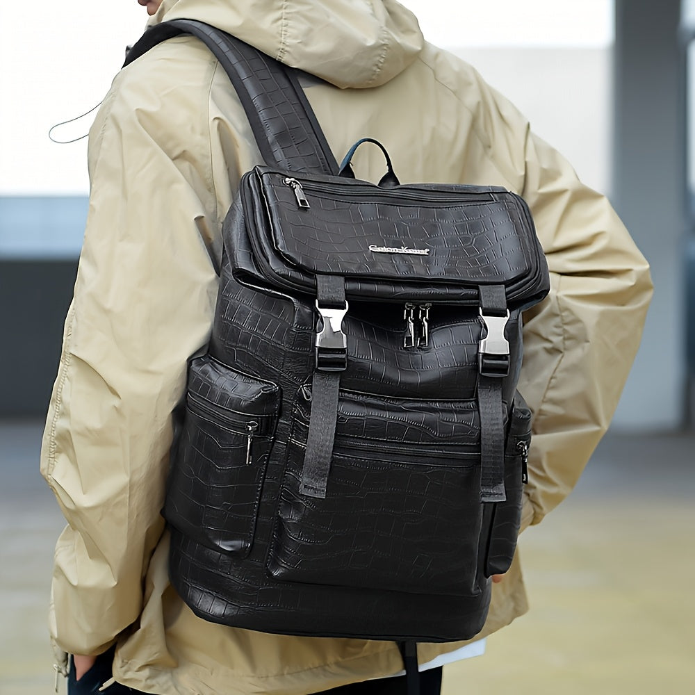 Unisex Backpack with Crocodile Texture, Large Capacity, Anti-Theft, Multi-Compartment, Fits 14-inch Laptop, Casual Travel Business Commute, Minimalist Style, No Battery - Black
