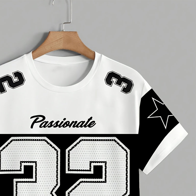 Men'S Summer Casual Crew Neck T-Shirt - Short Sleeve, Print Number 32 Design, White Black Contrast, Regular Fit Casual Top for Casual Attire, Leisure Clothing Contrast Color Top Comfortable Fit