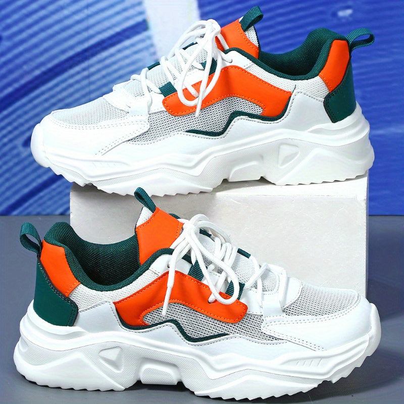 Women's Breathable Mesh Sneakers - Lightweight Lace-Up Sneakers with Contrasting Color Design, White Base with Green Orange Accents, Perfect for Tennis, Outdoor Activities, and Casual Attire, Casual Sneakers Casual Sneake