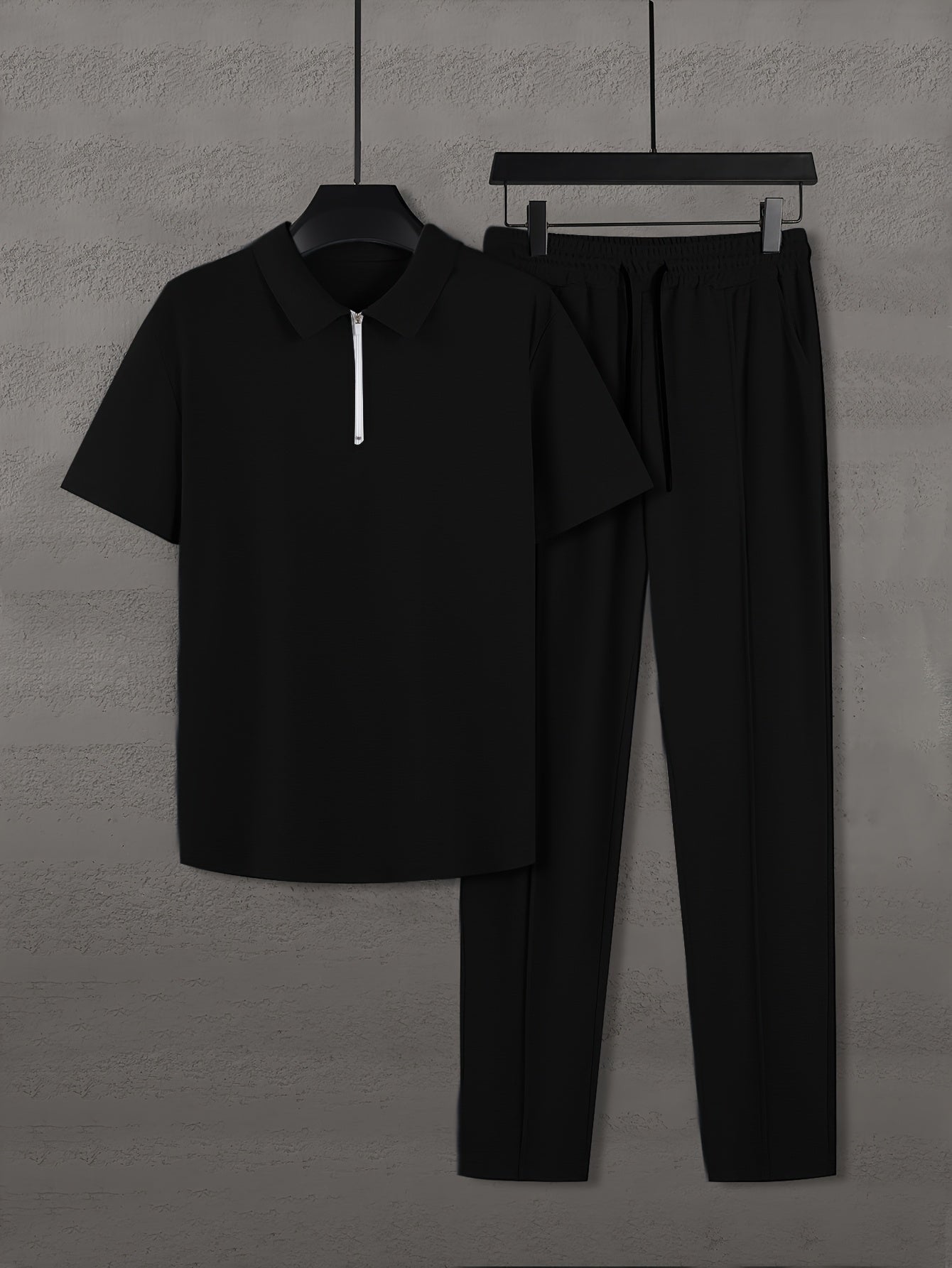Men'S Summer Solid Color Trendy Casual Suit Collared Short Sleeve Long Pants Suit, Perfect for Outdoor